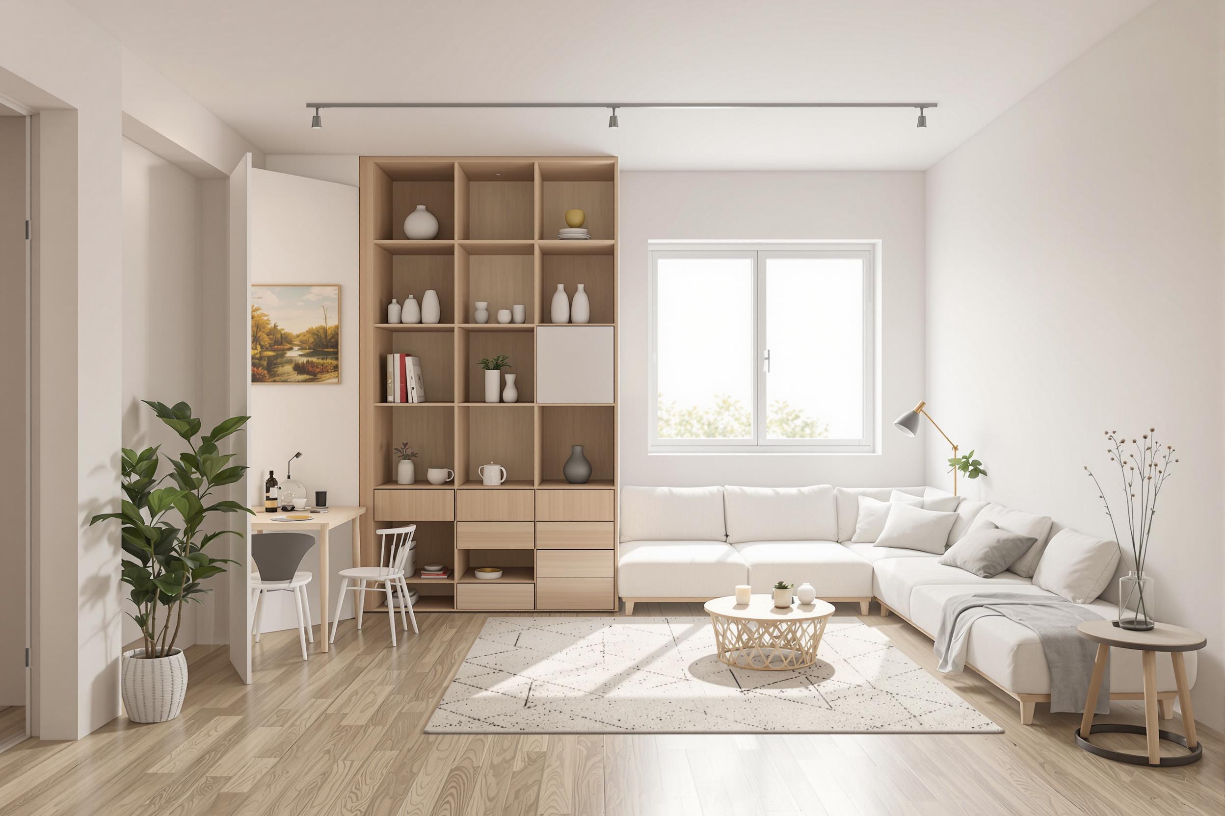 Explore a photorealistic 3D render of an innovative micro-apartment interior. This compact living space showcases clever modular furniture, hidden storage solutions, and a minimalist aesthetic, all bathed in soft, natural light from a large window.