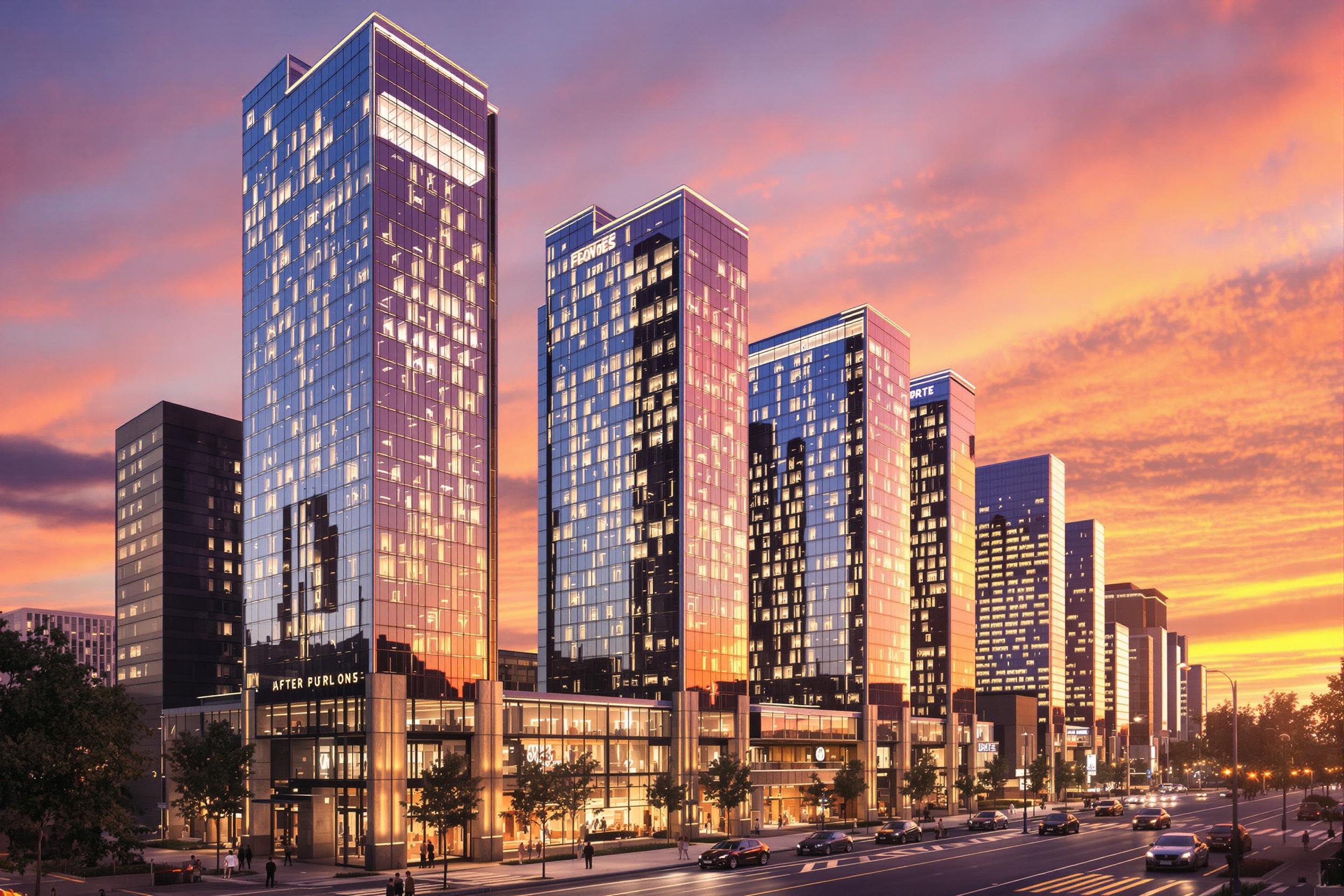 A stunning 3D render showcasing a modern urban cityscape at dusk. The scene features sleek skyscrapers with reflective glass facades, illuminated by warm golden lights. The foreground includes a bustling street with pedestrians and vehicles, while the background reveals a vibrant sunset sky painted in hues of orange and purple. This image captures the essence of contemporary city life, perfect for urban lifestyle themes.