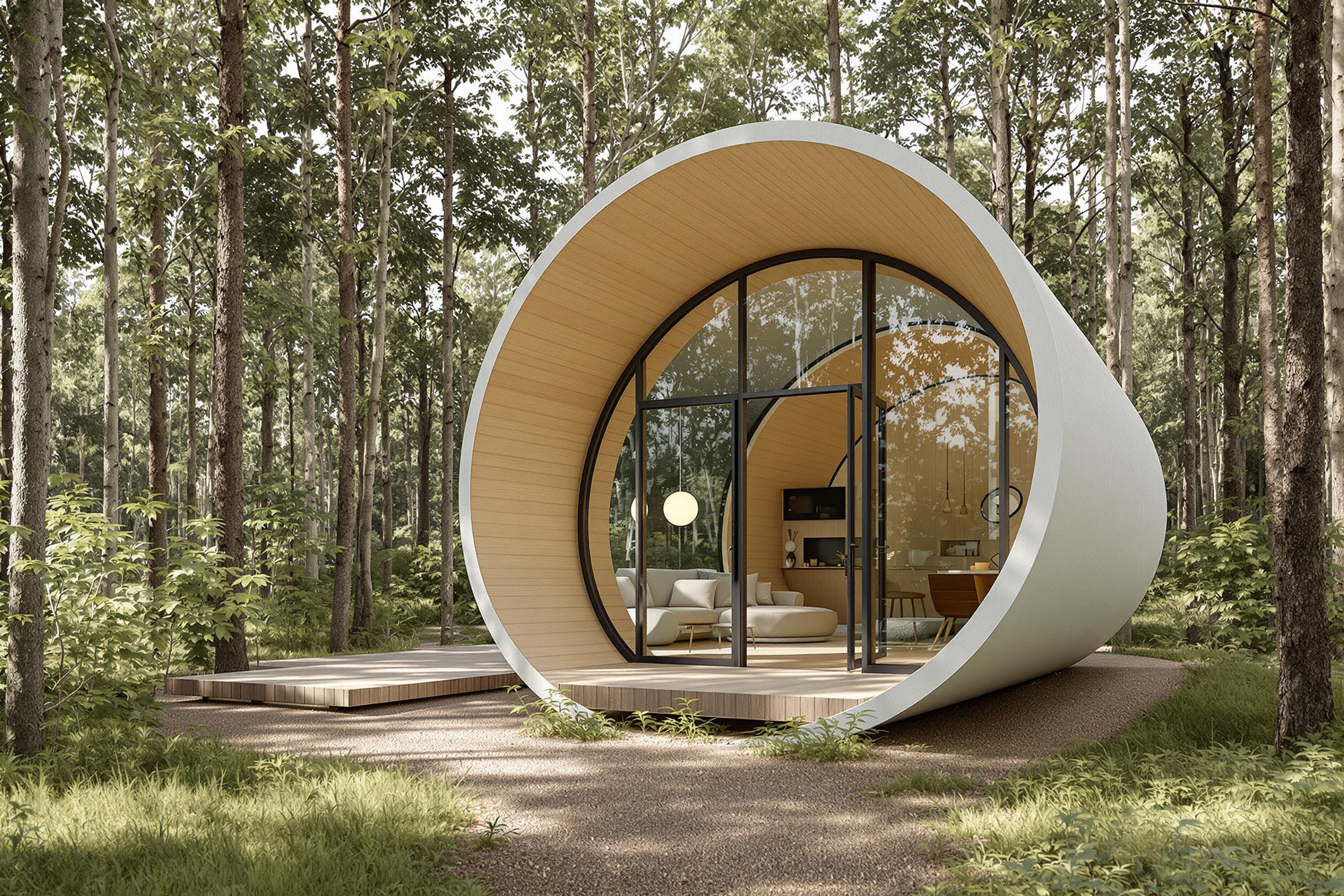 Photorealistic 3D render of an eco-friendly tiny house nestled in a serene forest clearing. The structure showcases innovative 3D-printed construction, featuring curved organic forms and large windows that blur the line between interior and nature.