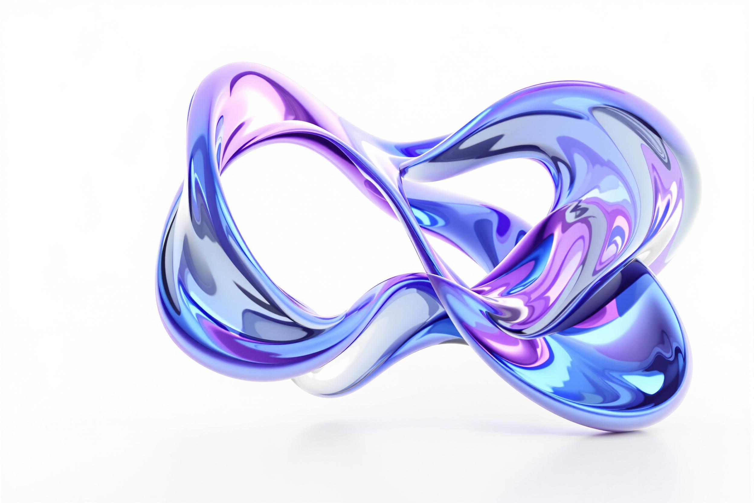 An mesmerizing 3D render of an abstract fluid sculpture. Smooth, glossy surfaces in vibrant blues and purples intertwine in a gravity-defying dance. The sculpture appears to be in constant motion, with light playing off its curves and creating captivating reflections. Set against a minimalist white background, the piece exudes elegance and modernity.