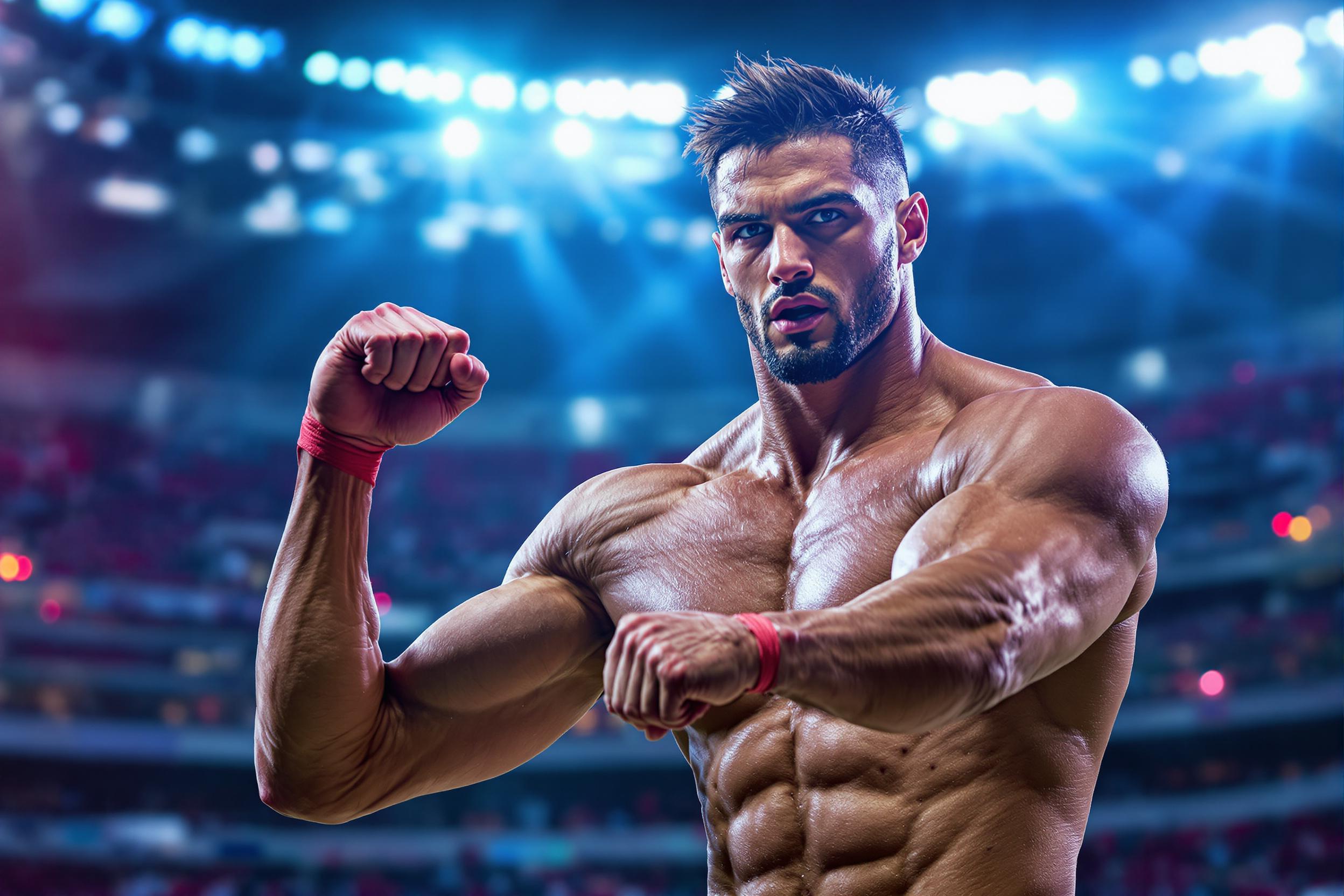 A stunning 3D render showcasing a professional athlete mid-action, capturing the intensity and focus of sports. The scene features a well-defined muscular figure in a dynamic pose, set against a blurred stadium background. Bright, dramatic lighting highlights the athlete's form, while a vibrant color palette of blues and reds enhances the energy of the moment. The camera angle is slightly low, emphasizing the athlete's power and determination, making this image ideal for sports-related content.