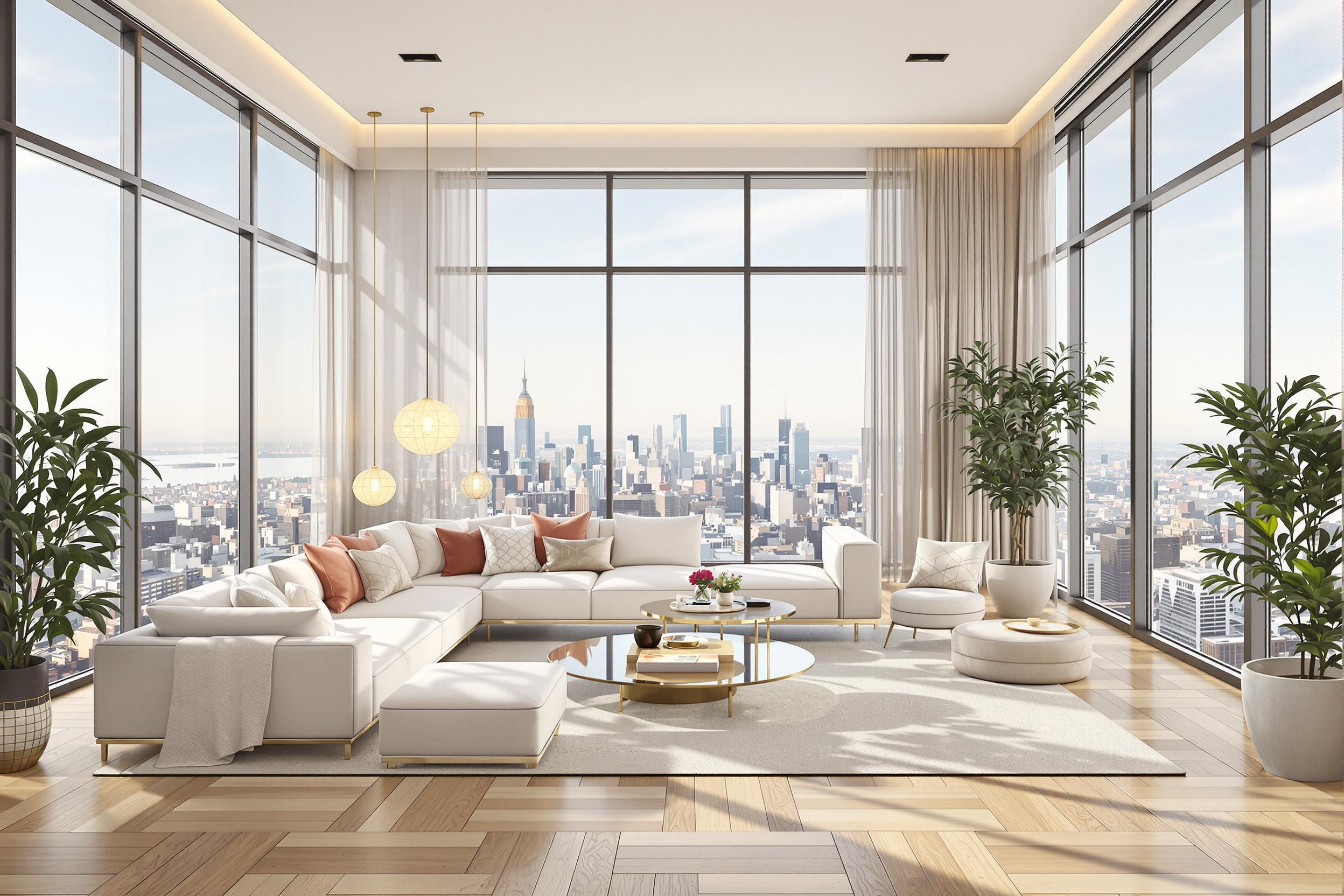 A stunning 3D render of a luxurious modern interior. The open-plan living space features floor-to-ceiling windows offering panoramic views of a city skyline. High-end furniture in neutral tones complements the warm wood flooring. Carefully placed lighting fixtures create a cozy ambiance, while potted plants add a touch of nature to the sophisticated urban oasis.