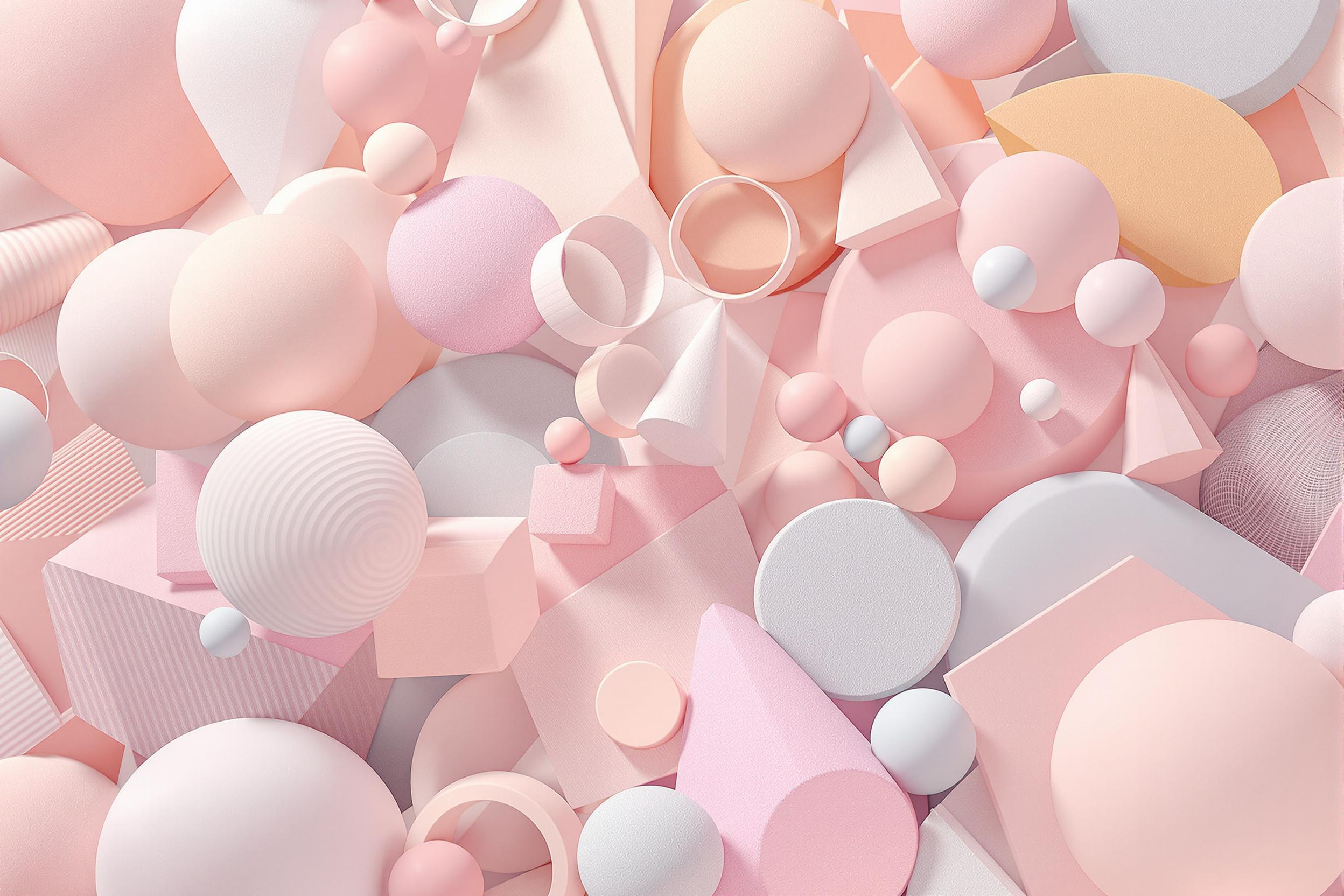 This stunning 3D render showcases a collection of abstract geometric shapes in a harmonious arrangement. The composition features a blend of soft pastel colors, creating a calming atmosphere. The lighting is soft and diffused, enhancing the smooth textures of the shapes. Ideal for digital art enthusiasts and modern design projects.