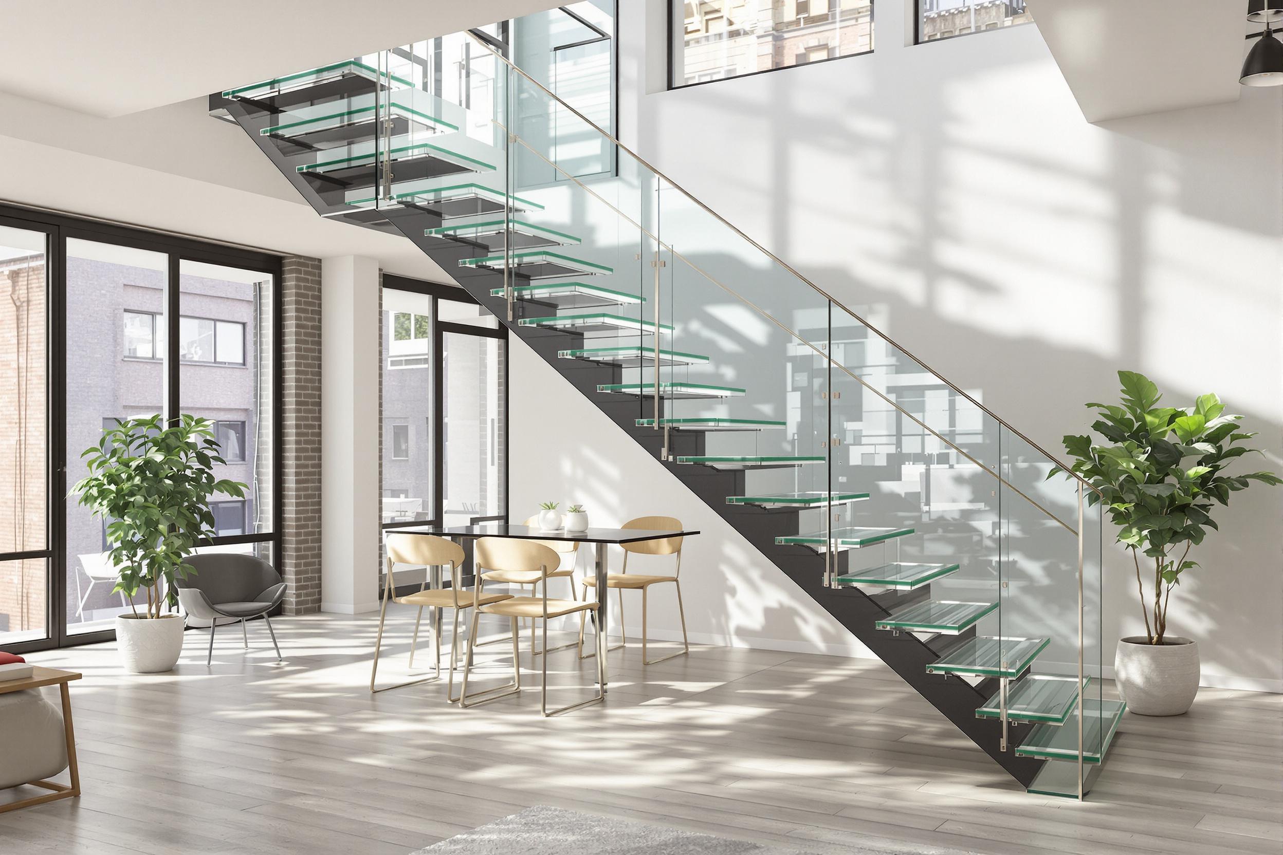 Photorealistic 3D render of a sleek, floating staircase in a modern loft apartment. The minimalist design features glass treads and a slim metal handrail, creating an illusion of weightlessness. Natural light streams through large windows, highlighting the staircase's clean lines and the loft's open floor plan.