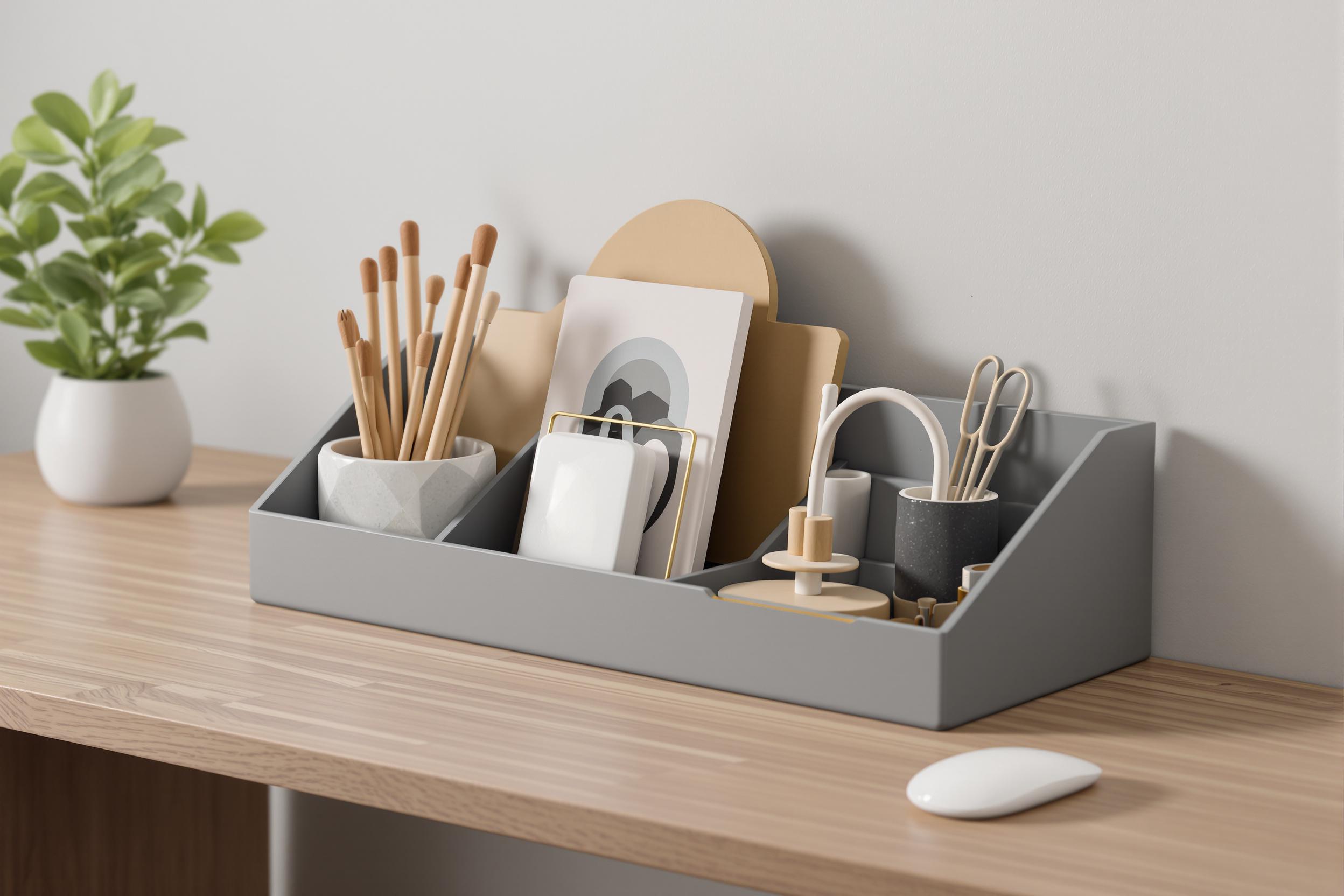 Explore a sleek 3D render of a minimalist desk organizer. This modern design features clean lines, geometric shapes, and a muted color palette, showcasing the perfect blend of form and function for contemporary workspaces.