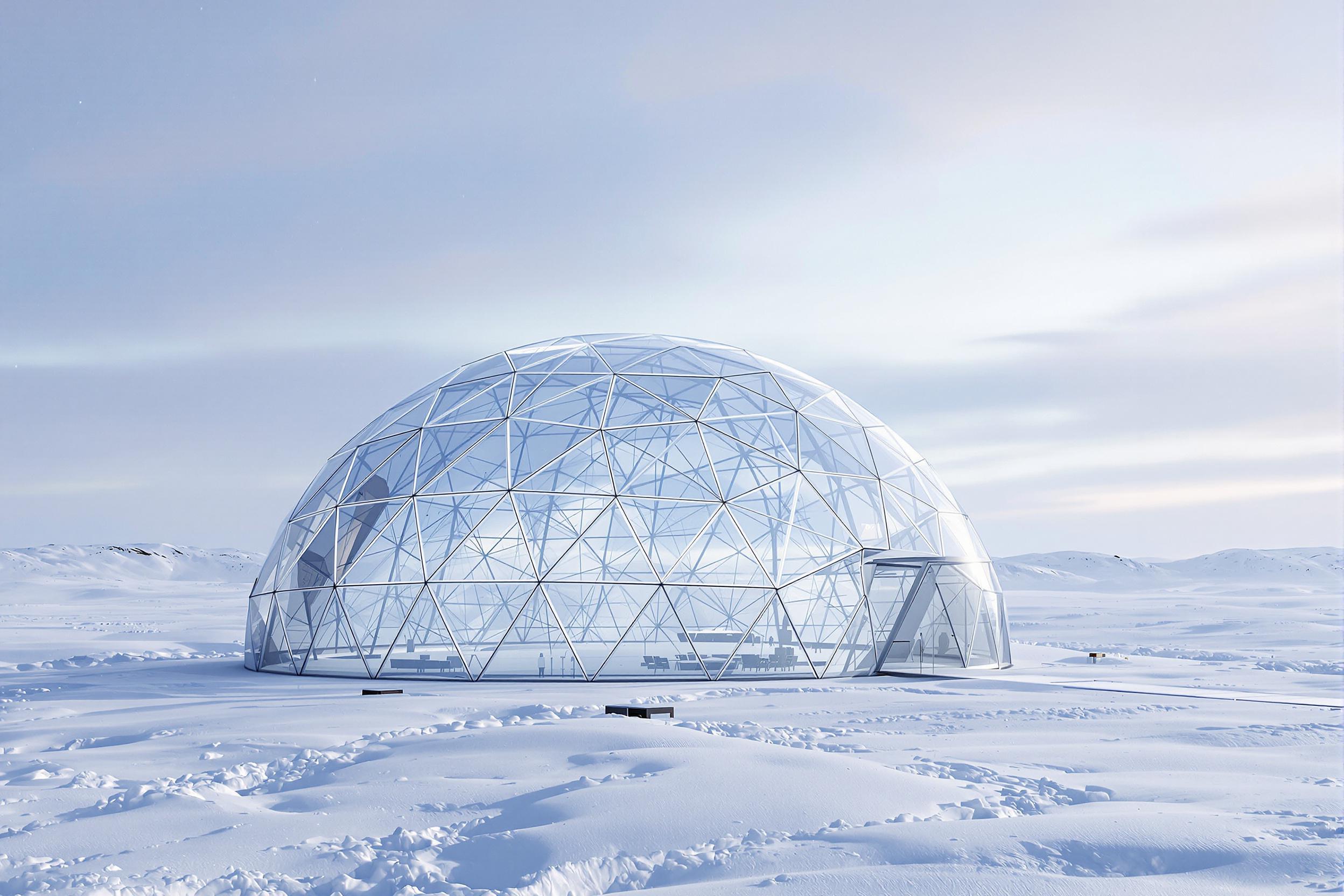 Explore a photorealistic 3D render of a futuristic geodesic dome nestled in a stark Arctic landscape. The transparent structure gleams against the snowy backdrop, showcasing sustainable architecture in extreme environments.