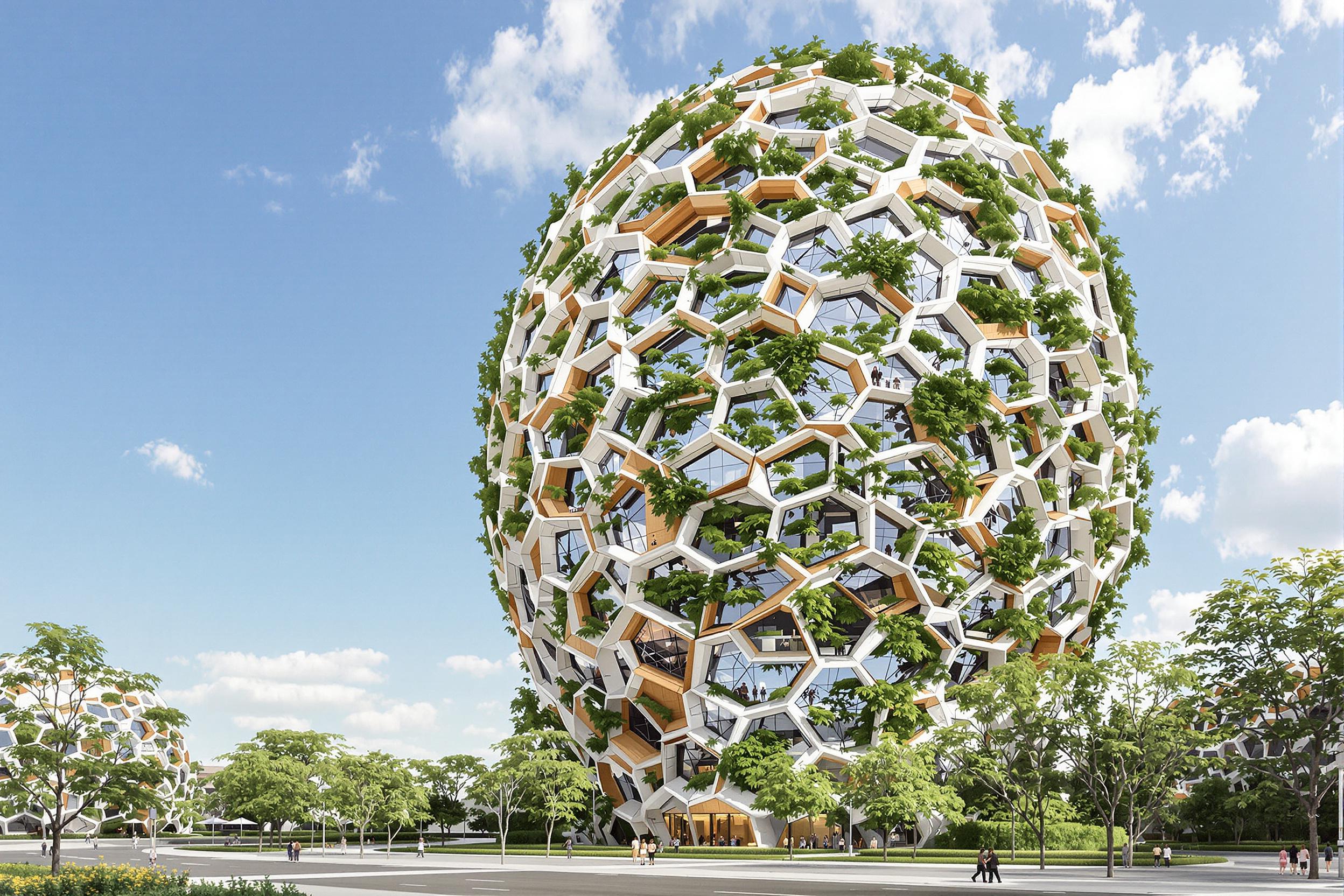 Explore a photorealistic 3D render of a cutting-edge building inspired by nature's designs. The structure mimics a honeycomb, with hexagonal modules forming an organic, flowing facade. Lush vertical gardens integrate seamlessly with the architecture, creating a harmonious blend of technology and nature.