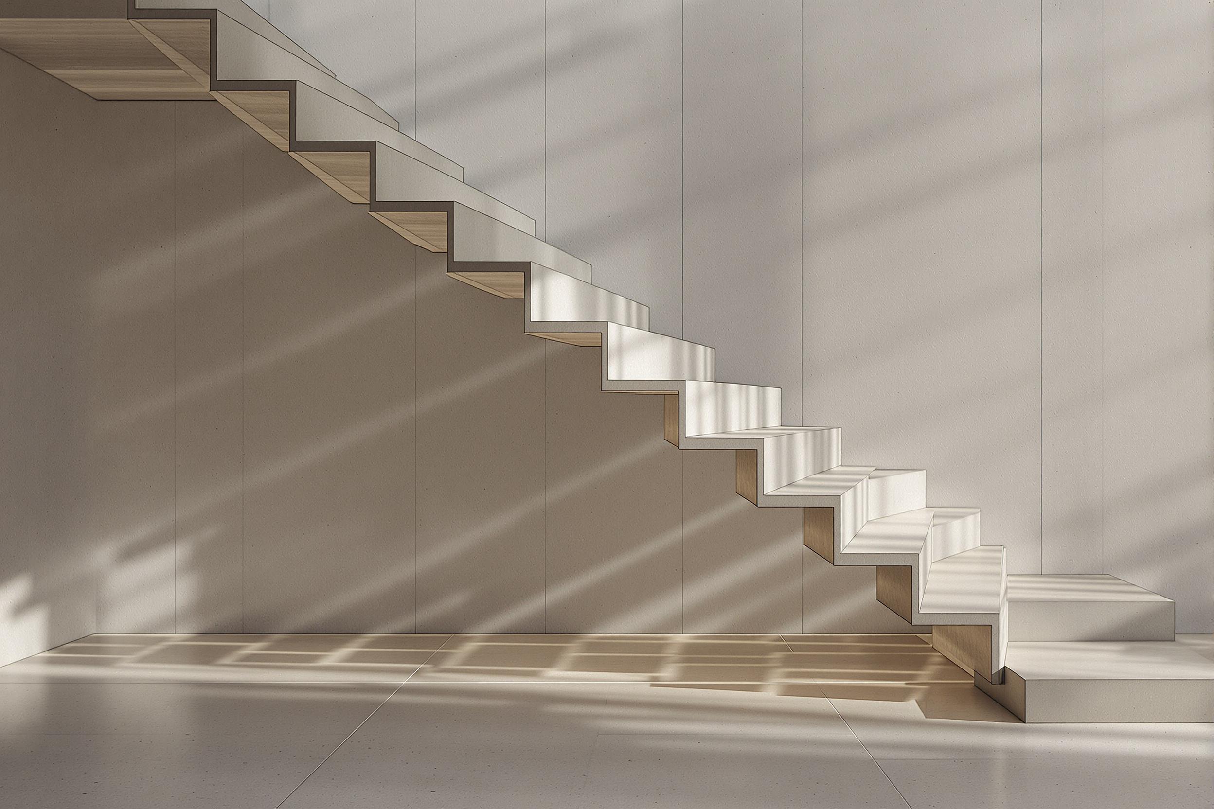 Explore a captivating 3D render of a minimalist floating concrete staircase. This architectural marvel showcases clean lines, subtle textures, and a play of light and shadow, epitomizing modern design aesthetics.