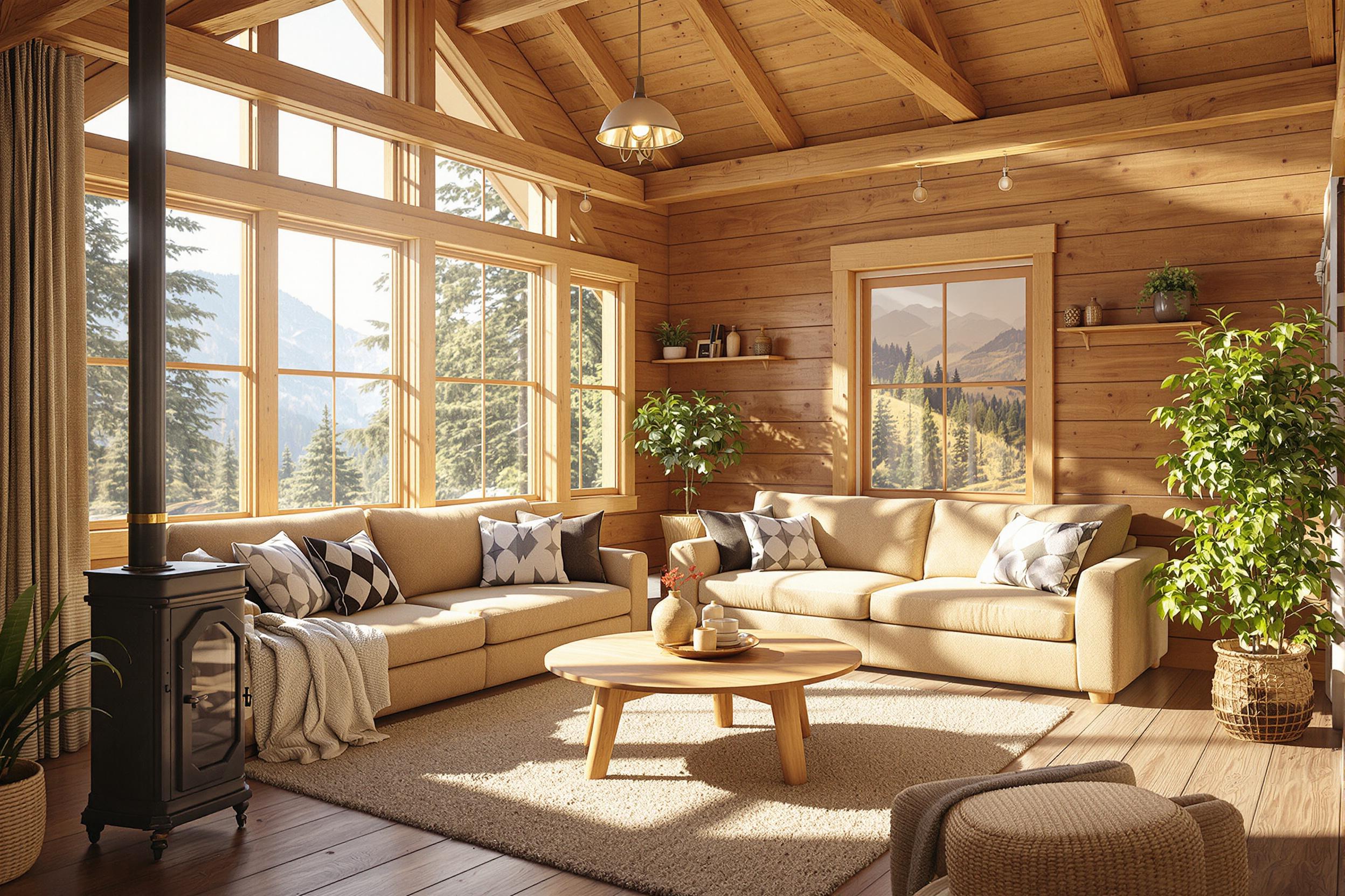 Explore a photorealistic 3D render of a charming wooden cabin interior. Warm sunlight filters through large windows, illuminating the rustic decor and creating a cozy atmosphere. Natural textures and earthy tones dominate the space, showcasing the beauty of mountain living.