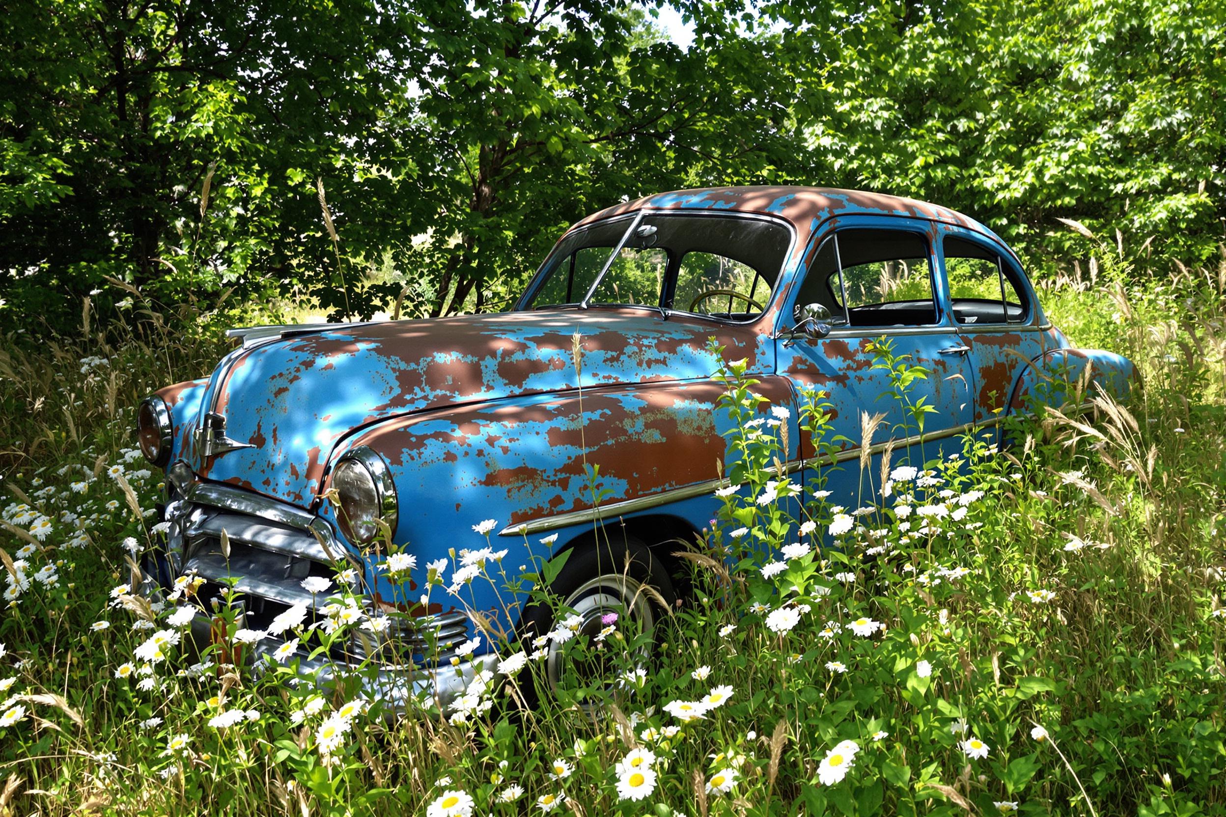 An abandoned vintage car sits quietly in an overgrown field, its once-vibrant blue paint now faded and peeling. Wildflowers bloom around the tires, creating a striking contrast between nature and decay. Sunlight filters through nearby trees, casting dappled patterns on the rusted metal, while tall grasses sway gently in the breeze, enhancing the nostalgic atmosphere of the scene.