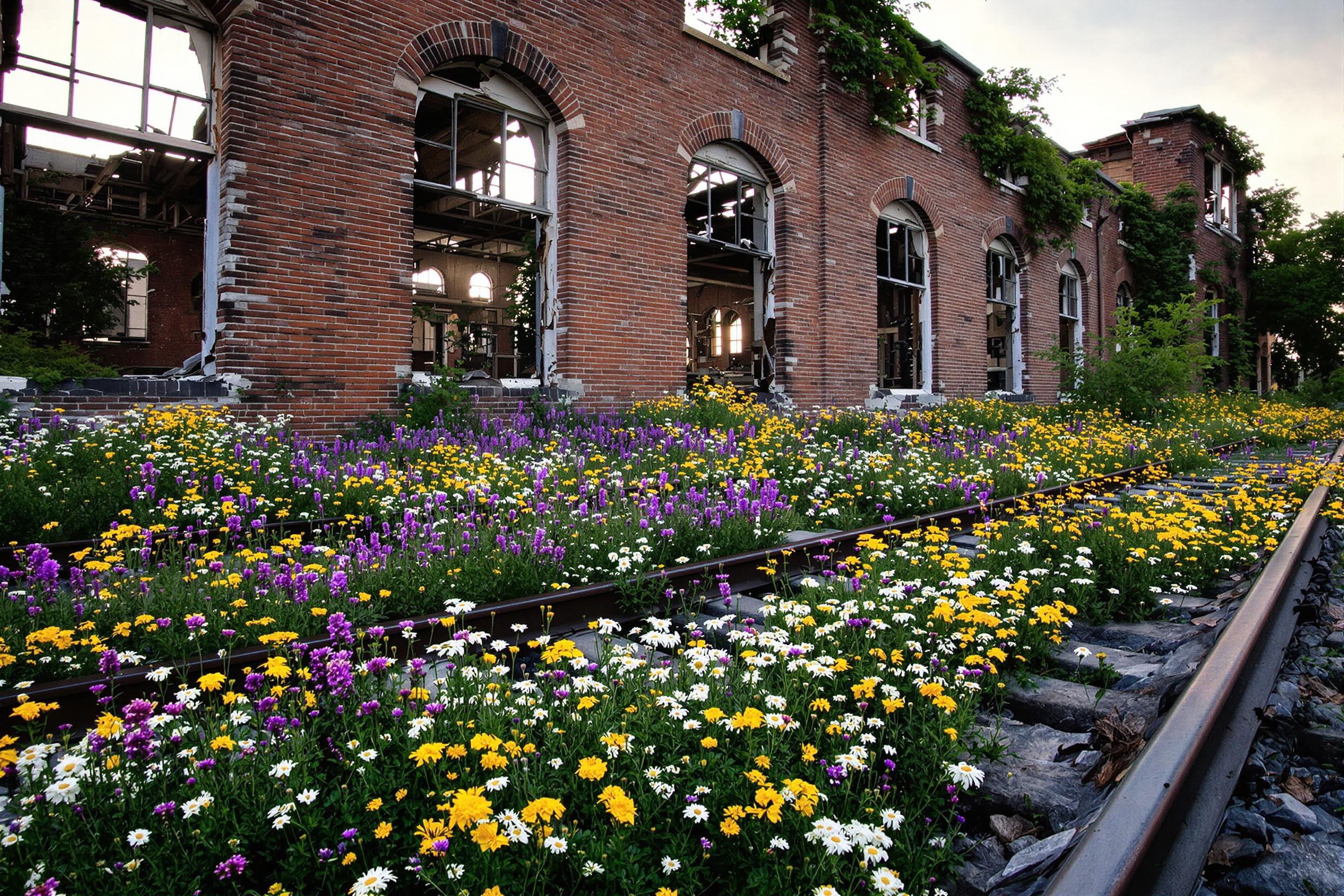 An atmospheric wide-angle view captures an abandoned train station reclaimed by nature. Steel tracks are overrun with vibrant wildflowers in purples, yellows, and whites. Broken windows frame the once-sturdy brick walls of the crumbling structure. Soft evening light casts long shadows, adding dimension and emphasizing the striking interplay of urban decay and natural beauty.