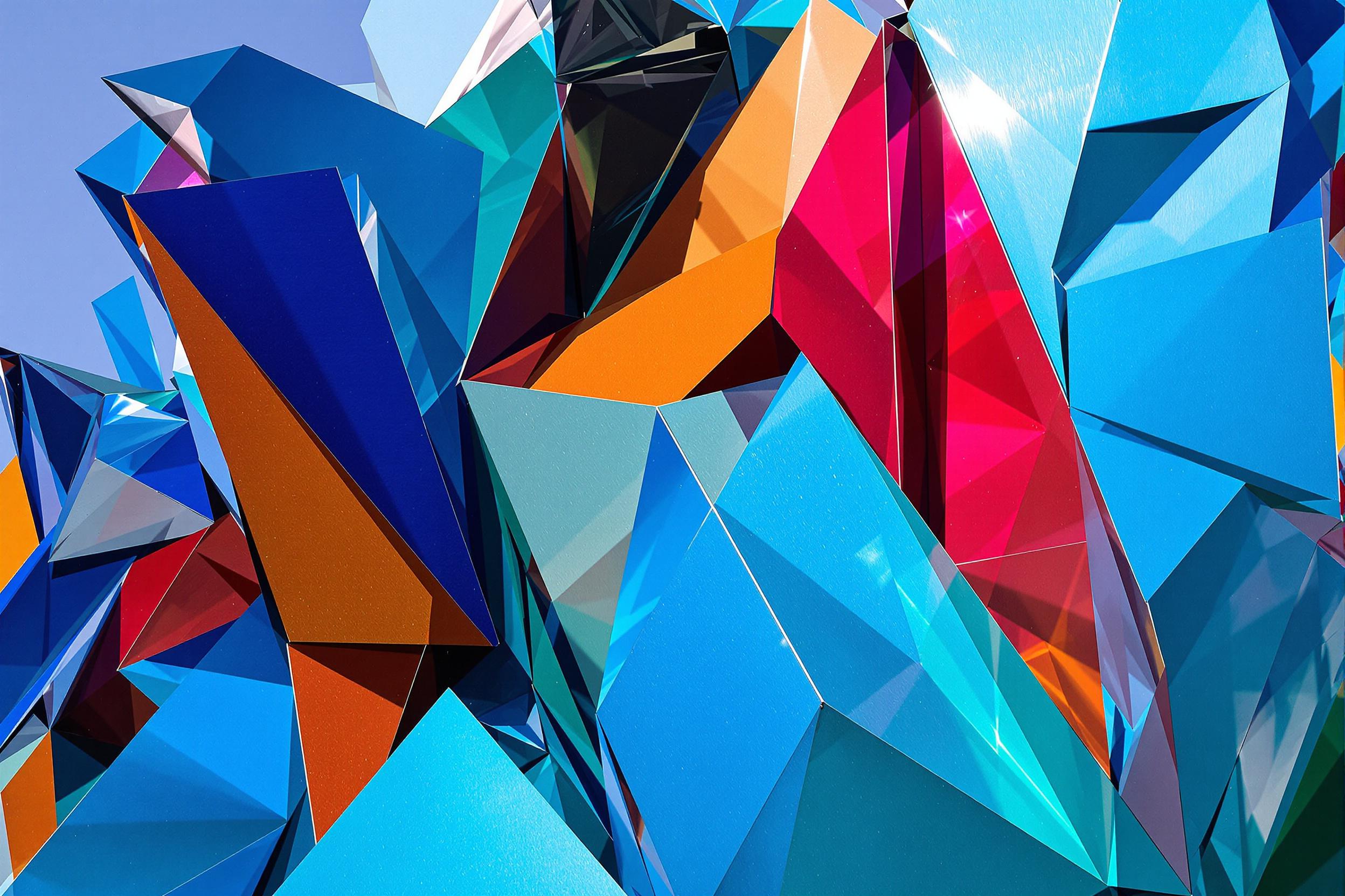 A dynamic abstract structure comprised of vibrant, angular metal panels sits outdoors under sharp midday sunlight. Vibrant hues like blue, red, and orange reflect on its industrial surface, casting dramatic shadows. Sharp geometric edges and seamless lines highlight a modern fusion of urban artistry and sculptural engineering.