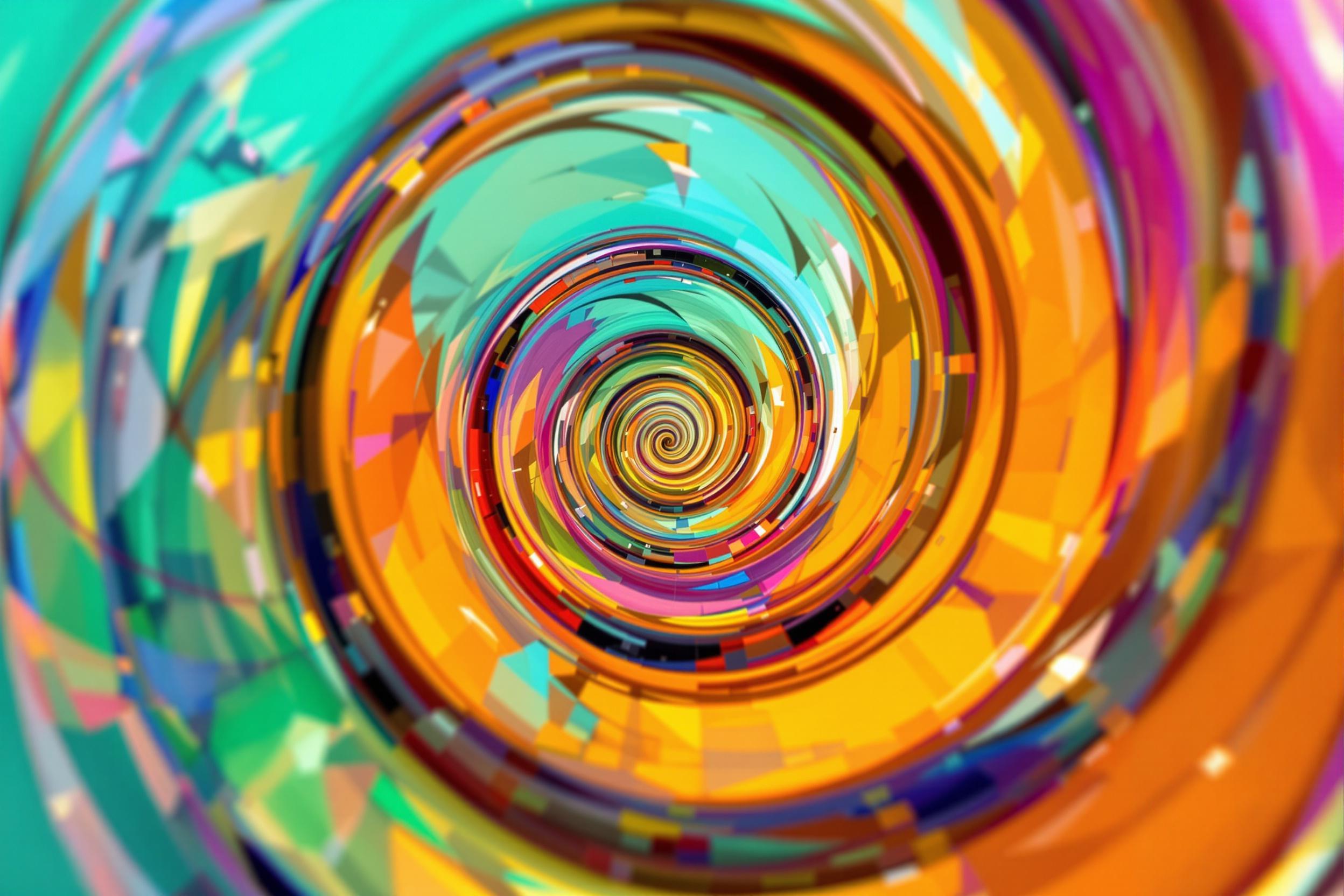 Abstract spiral glass art radiates vibrant colors under soft natural lighting. Macro details emphasize smooth curves and refracted hues in shades of teal, orange, and magenta. Sharp focus defines the transparent glass structure, while subtle gradients and shadowy depths add complexity to the compact composition.