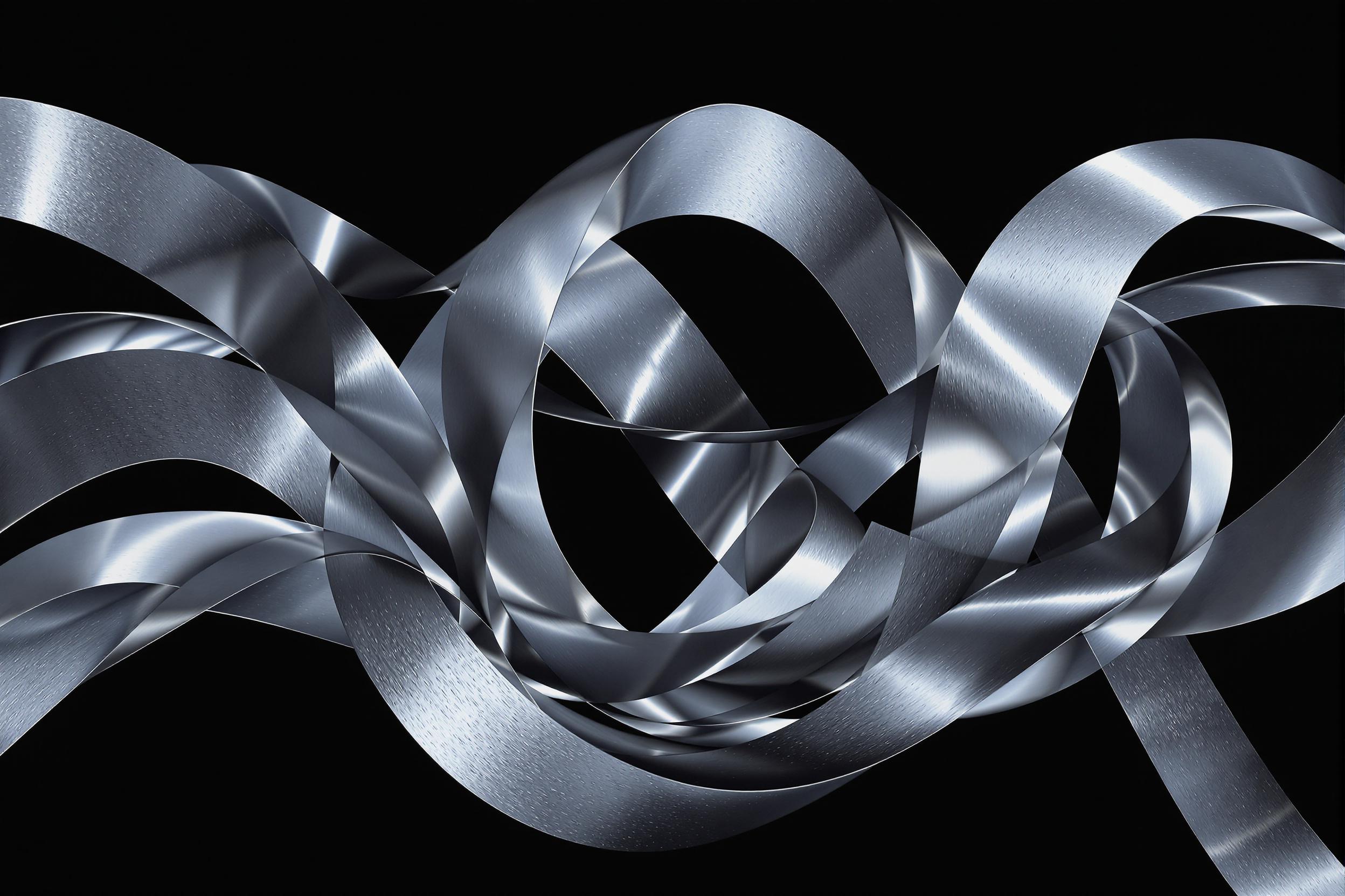 A monochromatic abstract captures interwoven metallic ribbons forming fluid curves against a soft dark background. The interplay of smooth metal textures reflects diffused cool blue tones, highlighting depth and layered complexity. Soft lighting enhances the glimmering edges while subtle shadows add contrast to the sculptural, flowing design.