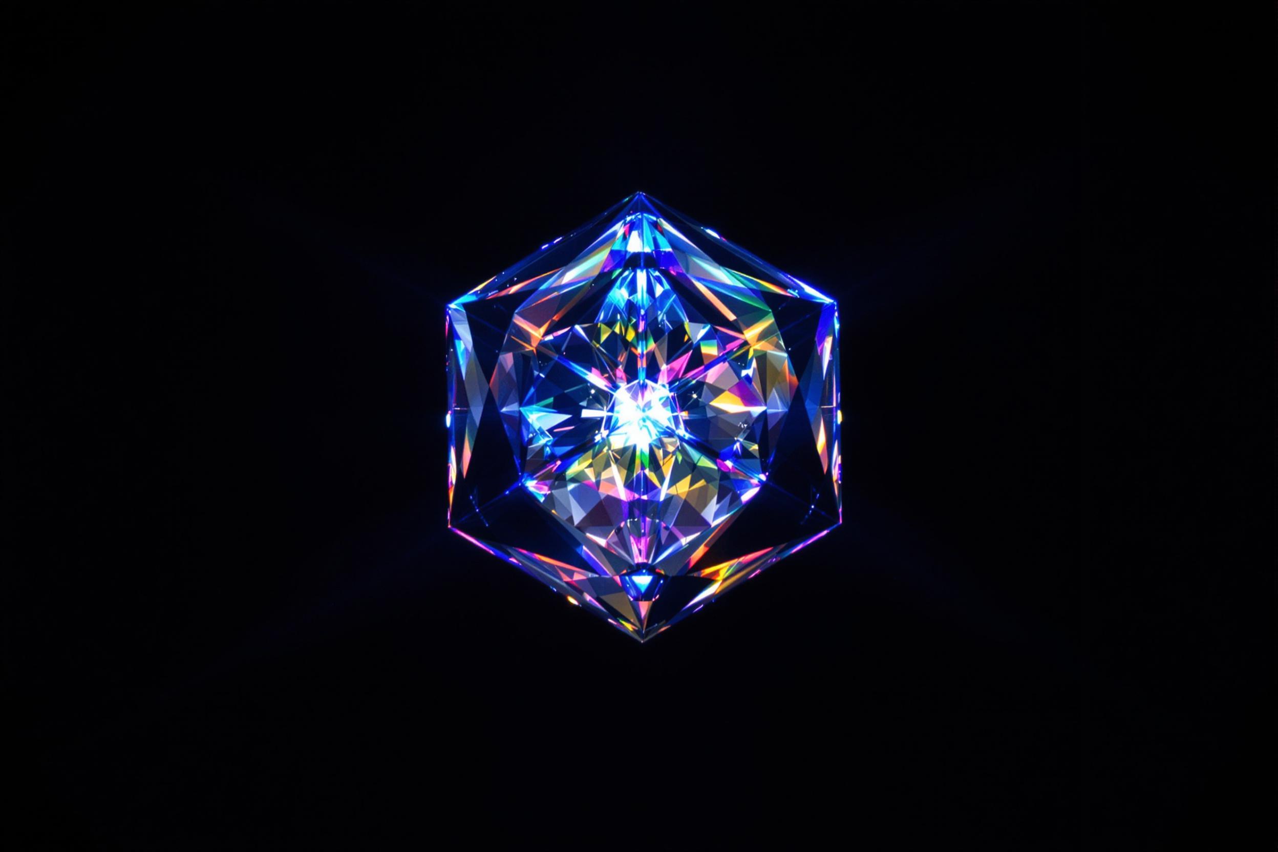 A central glowing crystal-like structure emits radiant iridescence within a deep-black void. Its multifaceted, geometric form refracts a gradient of colors like blues, purples, and silver. Sharp highlights accentuate smooth planes while producing subtle prismatic rainbows on surrounding darkness. The scene’s simplicity highlights brilliance and isolation.