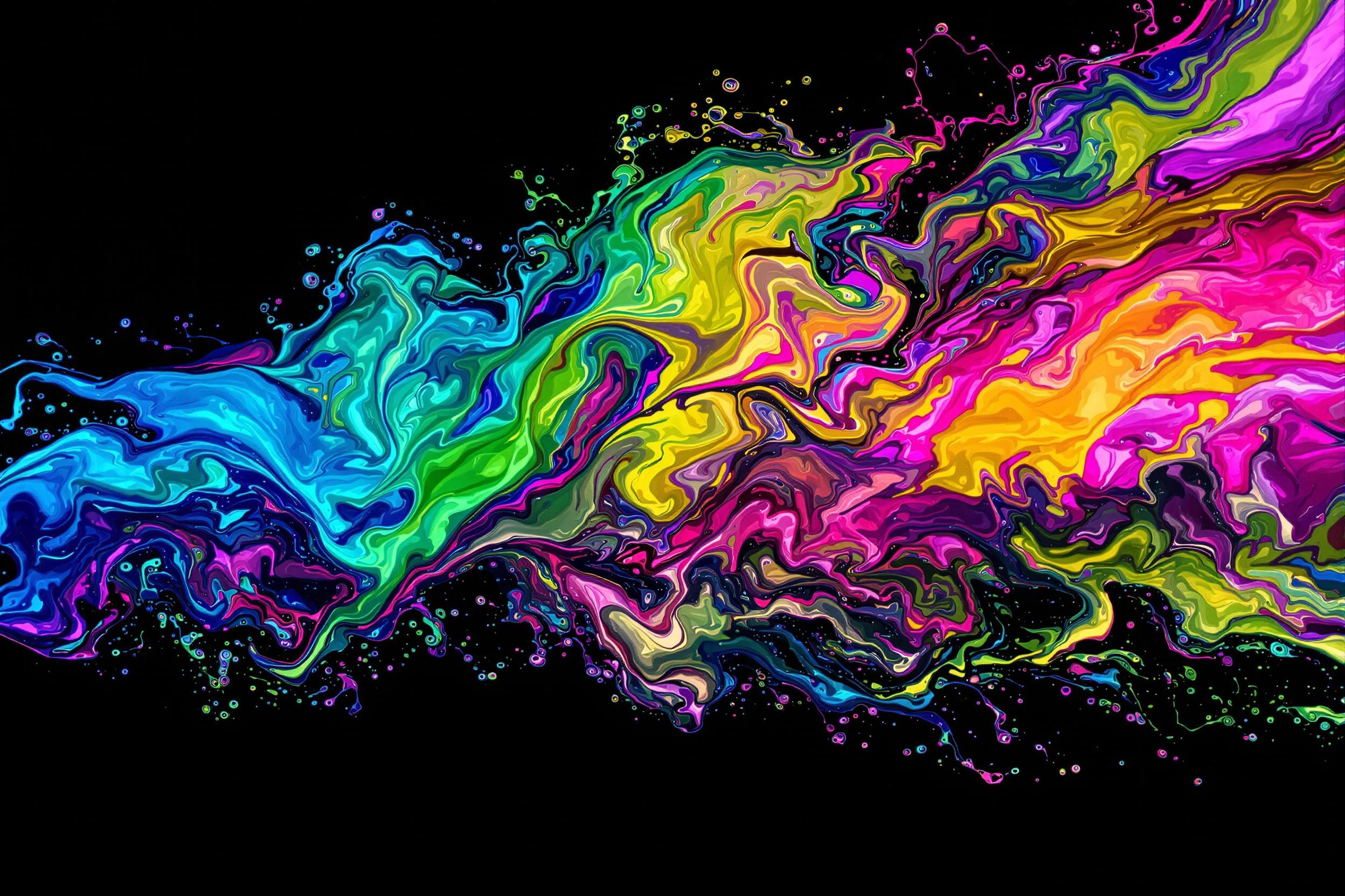 Swirling vibrant pigments move like painted silk, forming dynamic arcs of electric blue, magenta, yellow, and emerald green. Liquid flow captures intricate layers of textured blending against deep black. Studio-lit composition highlights the design's glowing contrast, suggesting lively momentum frozen in time.