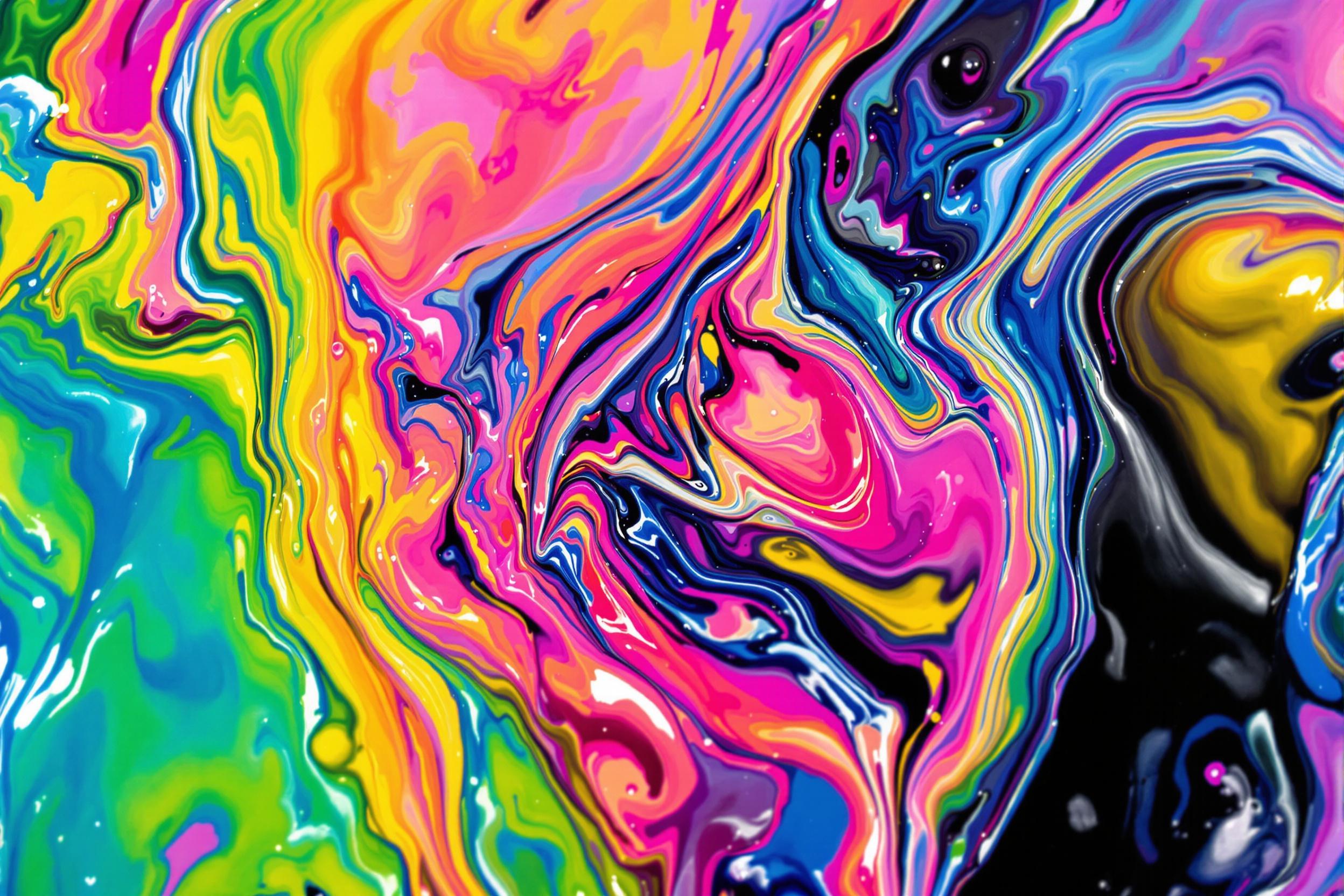 A mesmerizing macro view captures swirling neon oil and pastel-toned ink drops intertwining over a glossy black surface. Bold, vivid hues merge fluidly into organic, overlapping patterns. Dim highlights reflect across the smooth, liquid-like texture, creating captivating depth against a subtly graded background.