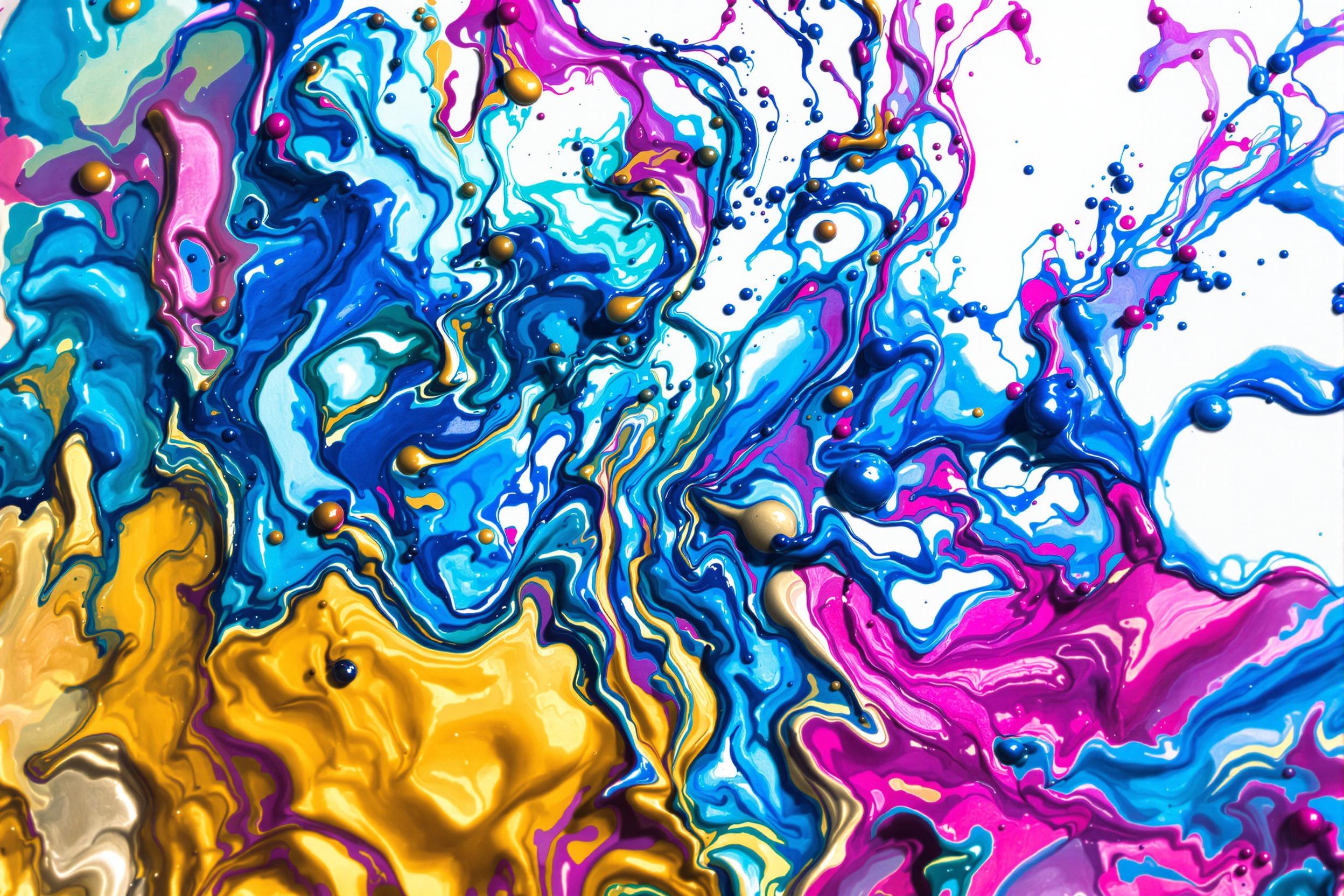 An eye-catching macro photograph showcases colorful paints swirling in water, creating intricate and fluid organic forms. Vivid hues like royal blue, magenta, and golden yellow blend and ripple together against a soft white background, while subtle shadows and fine gradients add depth and dimension. The composition exudes energy and creativity.