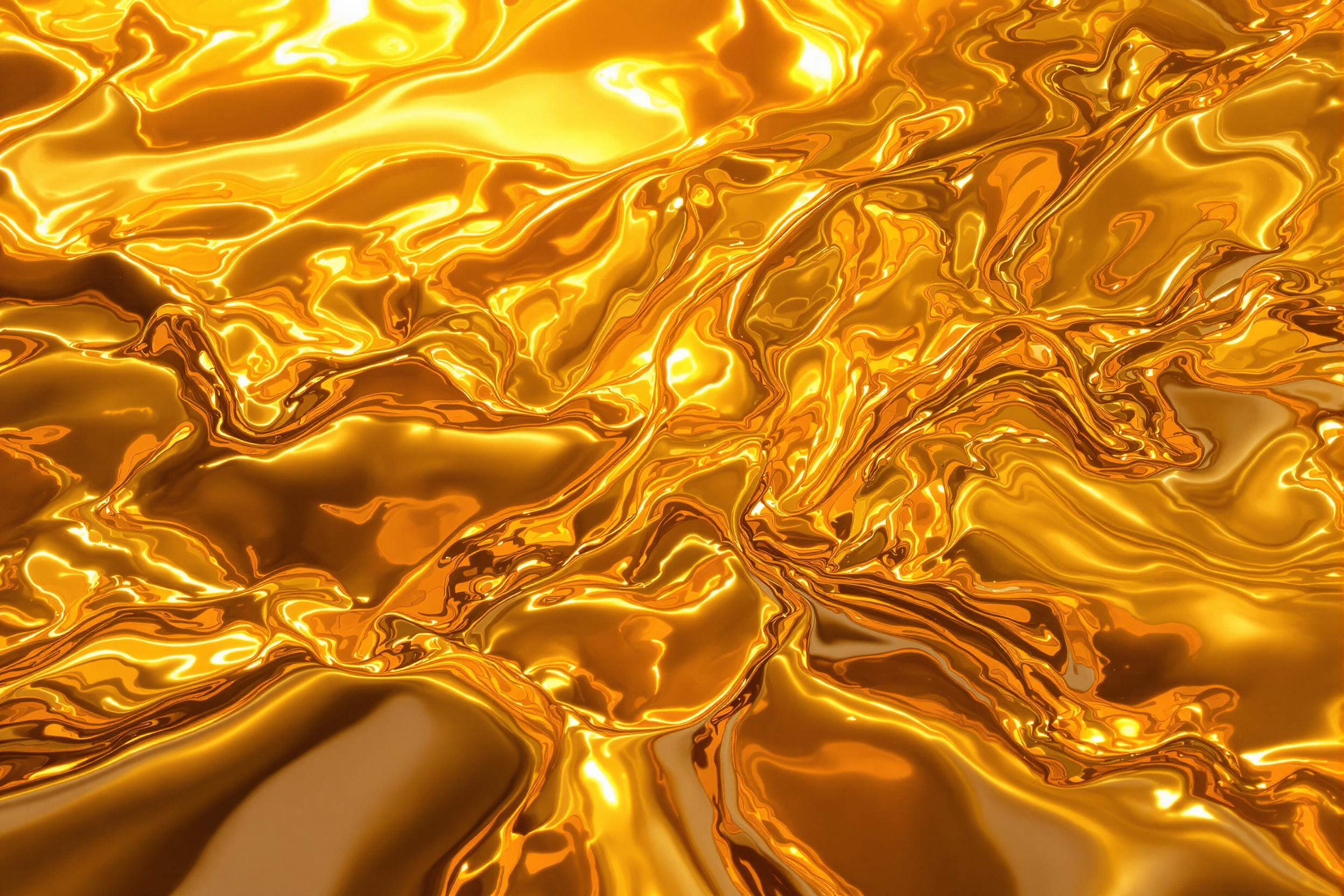 An abstract image showcases the flowing beauty of molten, golden liquid. The vibrant golden hues are interspersed with shimmering highlights and subtle gradients, creating an organic interplay of light and texture. Rippling patterns and glossy curves produce depth, while reflective surfaces amplify the luminosity.