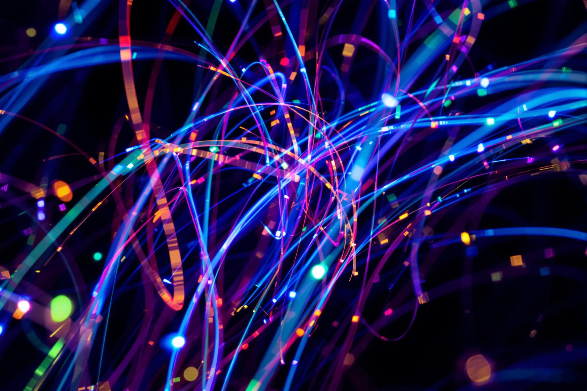 Immerse yourself in a mesmerizing abstract composition of illuminated fiber optic strands. Vibrant neon hues weave through darkness, creating a futuristic tapestry of light. This captivating image explores technology's artistic potential in abstract photography.