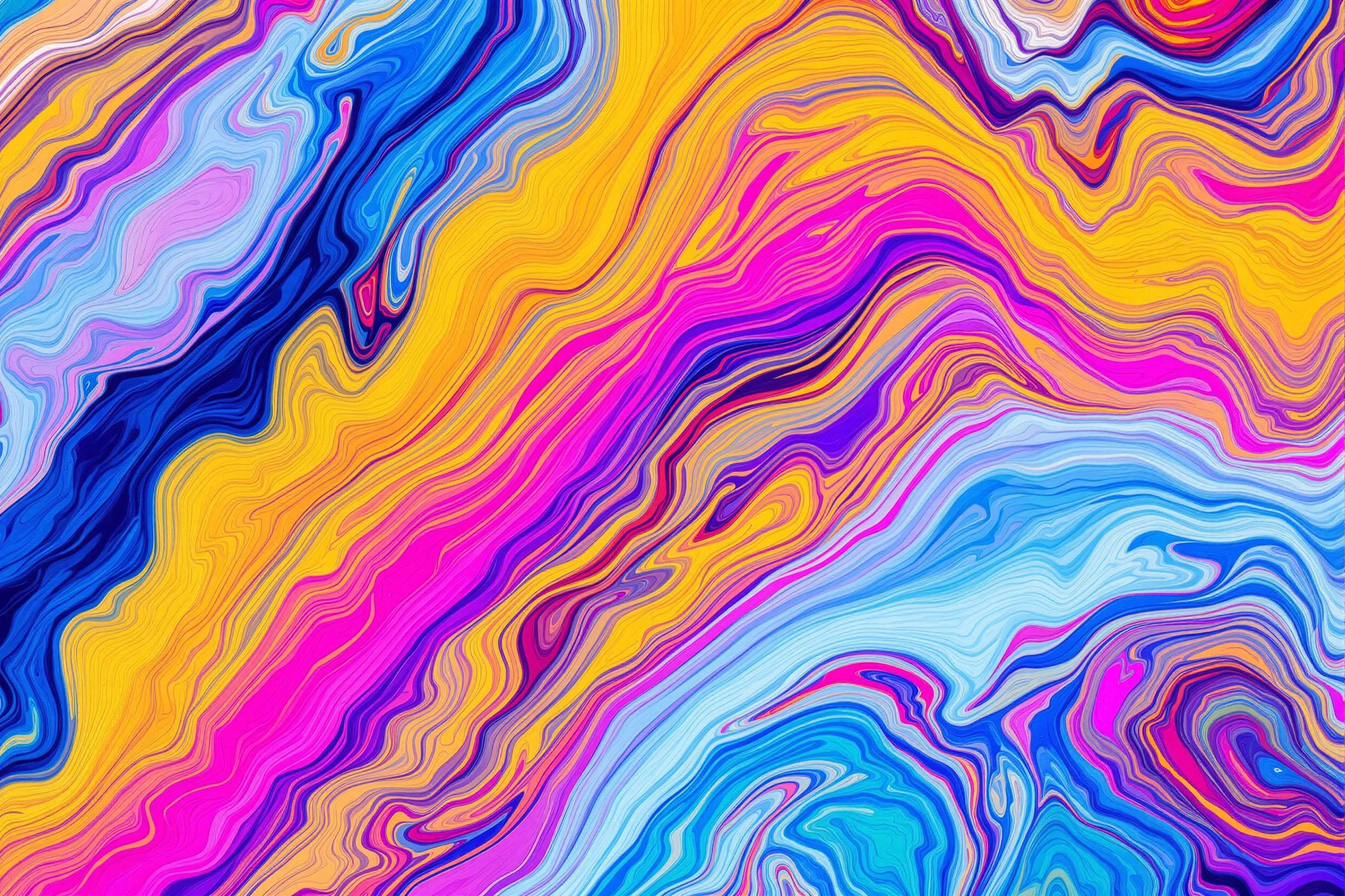 This captivating abstract image features vibrant waves of color flowing seamlessly into one another, creating a sense of movement and energy. The composition utilizes a rich palette of blues, pinks, and yellows, evoking feelings of joy and creativity. Ideal for contemporary art enthusiasts and digital design projects.