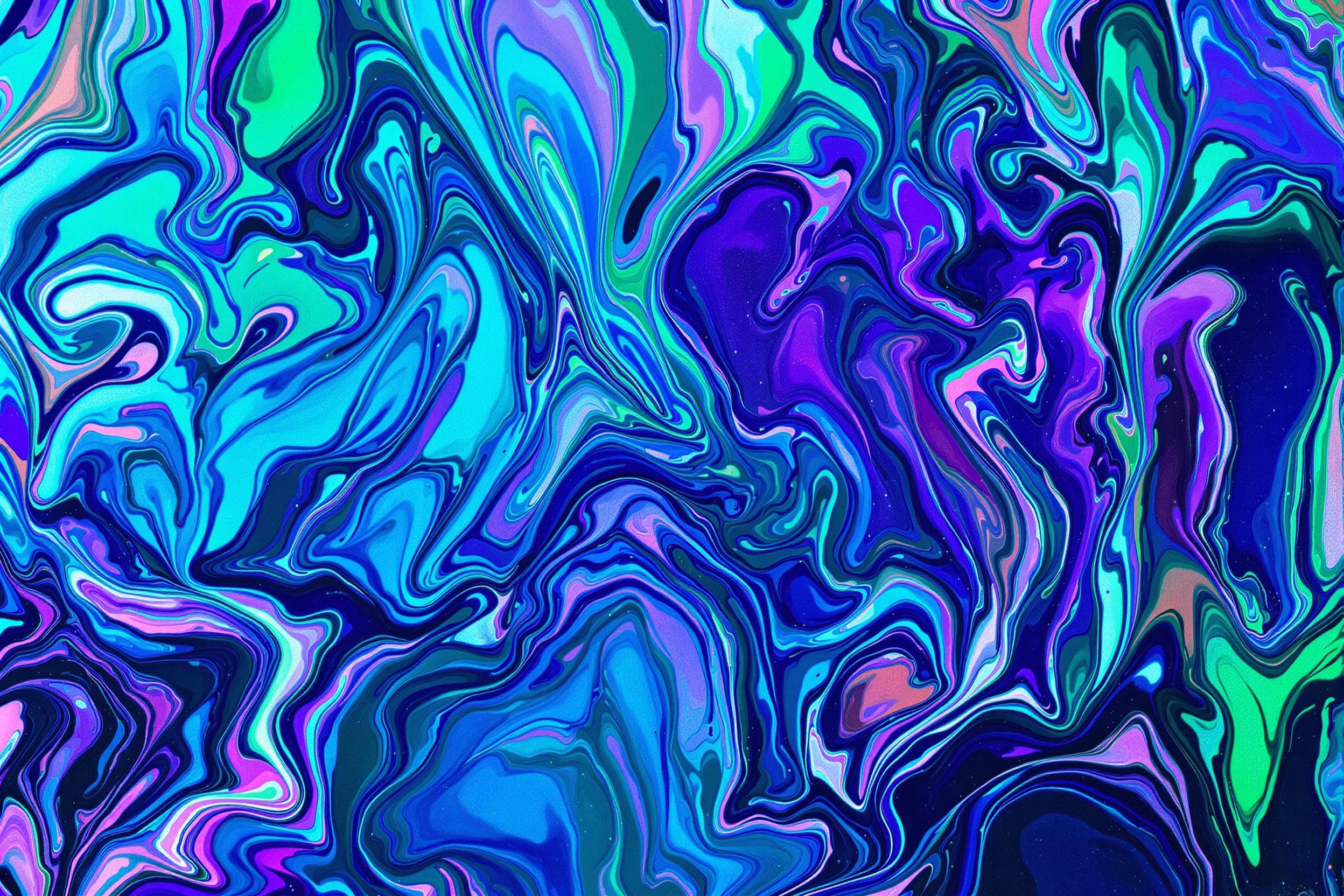 Mesmerizing abstract composition of swirling, vibrant fluid colors. Iridescent blues, purples, and greens blend seamlessly, creating a captivating ethereal effect. High-resolution close-up reveals intricate patterns and textures, perfect for modern design projects.