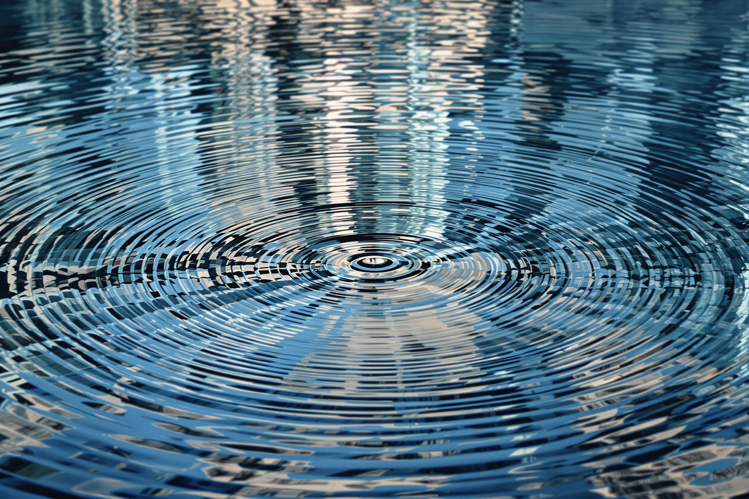 Discover the mesmerizing interplay of light and water in this abstract urban photograph. Concentric circles ripple across a reflective surface, transforming a city's skyline into a hypnotic, liquid canvas.