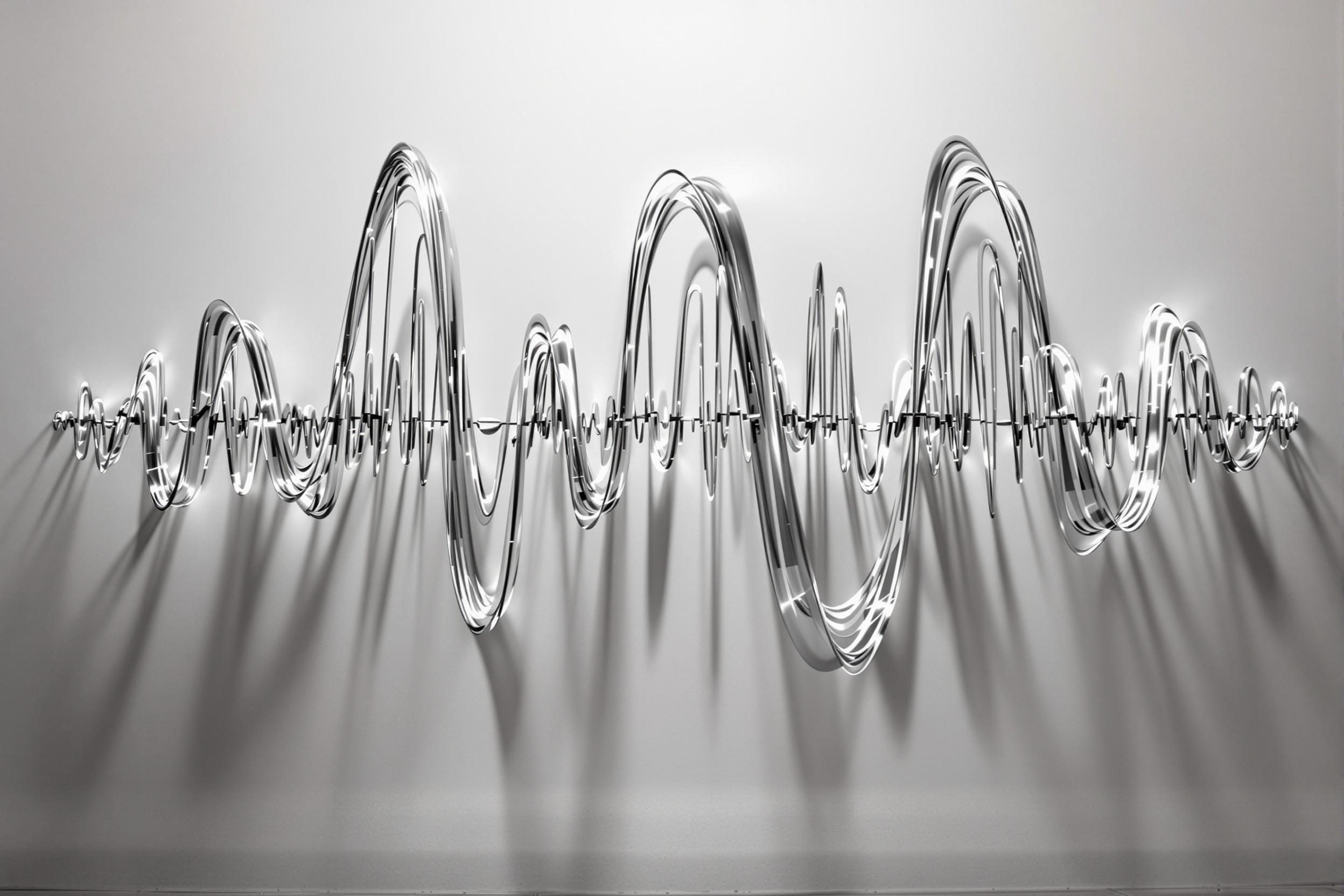 Explore the intersection of sound and visual art in this captivating abstract photograph. A sleek, metallic sculpture mimics the undulating patterns of a soundwave, creating a mesmerizing interplay of light and shadow against a minimalist background.