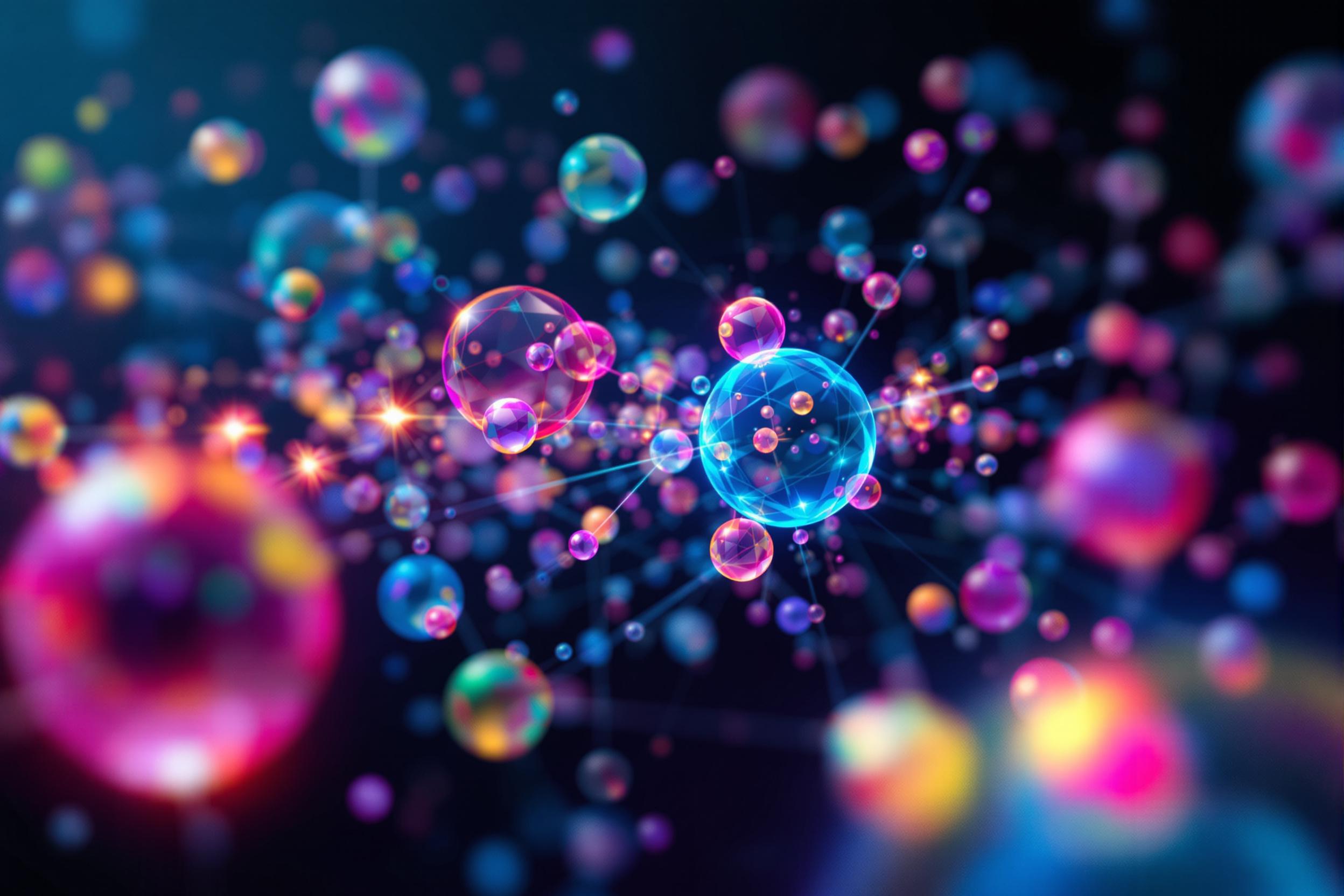 Explore the mysterious world of quantum physics through this abstract visualization of subatomic particle entanglement. Vibrant, interconnected orbs float against a dark background, representing the fascinating phenomenon of quantum correlation.