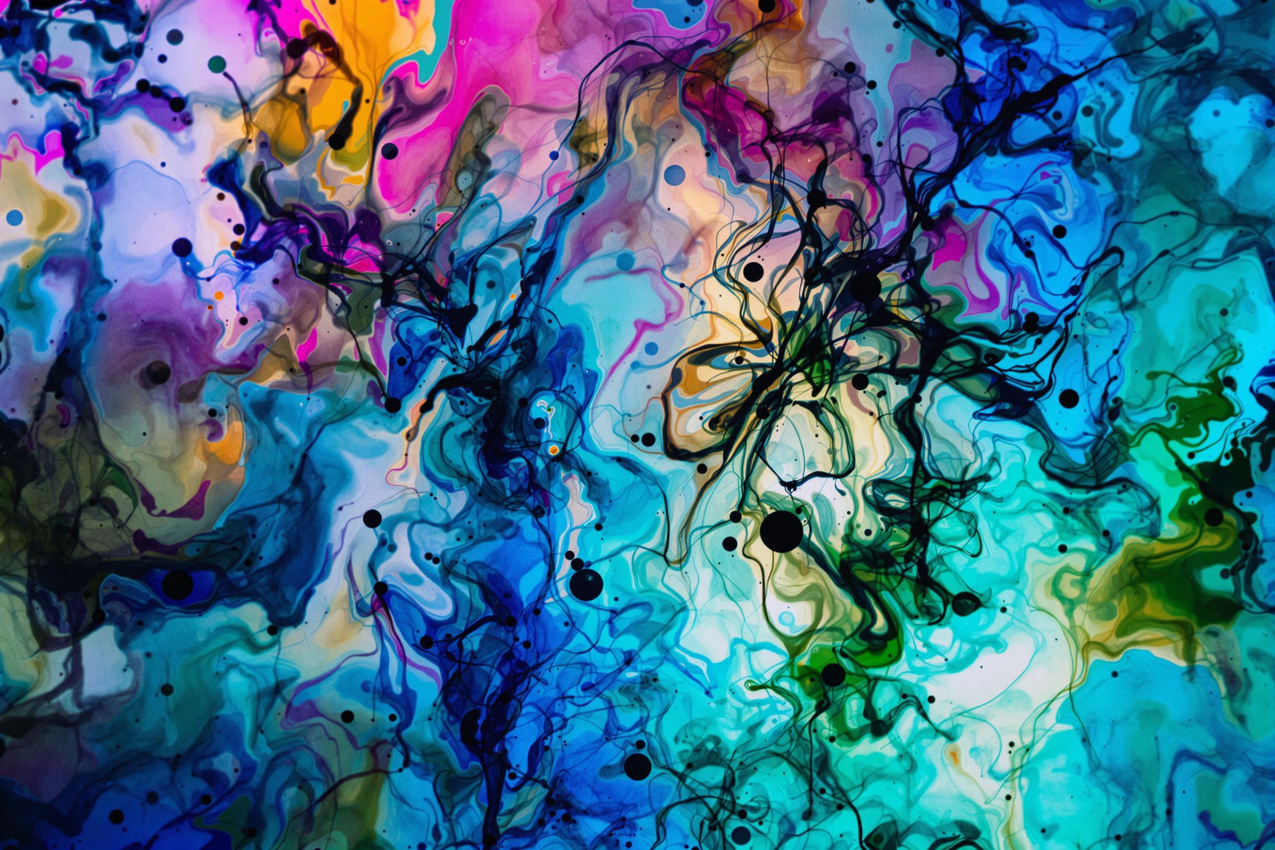 Captivating abstract photograph showcasing the mesmerizing dance of ink droplets in water. Delicate tendrils of vibrant pigments swirl and blend, creating an otherworldly landscape of color and form. This image captures the ephemeral beauty of fluid dynamics.