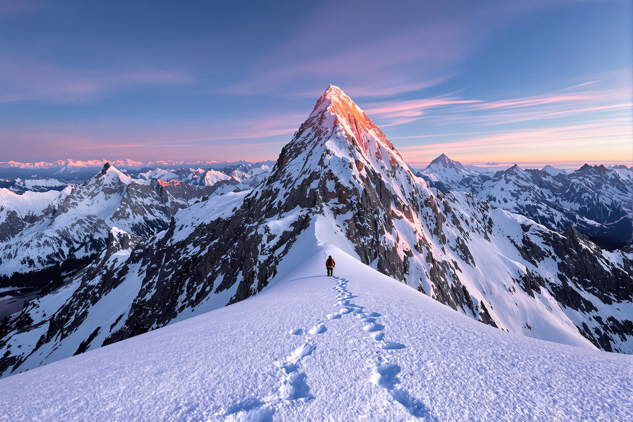 A lone climber ascends towards a jagged snow-covered mountain peak under the rosy hues of early dawn. The surrounding rugged terrain contrasts with soft morning light breaking across icy ridges. A halo effect frames distant peaks under clear skies, while faint footsteps leave behind trails through glistening snowfields.