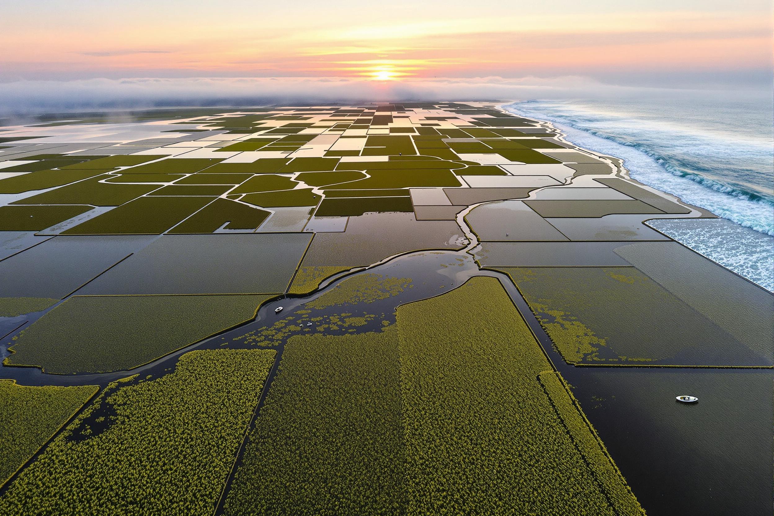 From above, geometric seaweed farm grids stretch across tidal flats during a serene sunrise. Paddle boats weave delicate paths among rows of muted greens and browns glistening with receding water. Mist drifts offshore where contrasting azure waves meet earthy coastal textures, amplifying the visual interplay of land and sea contrasts.