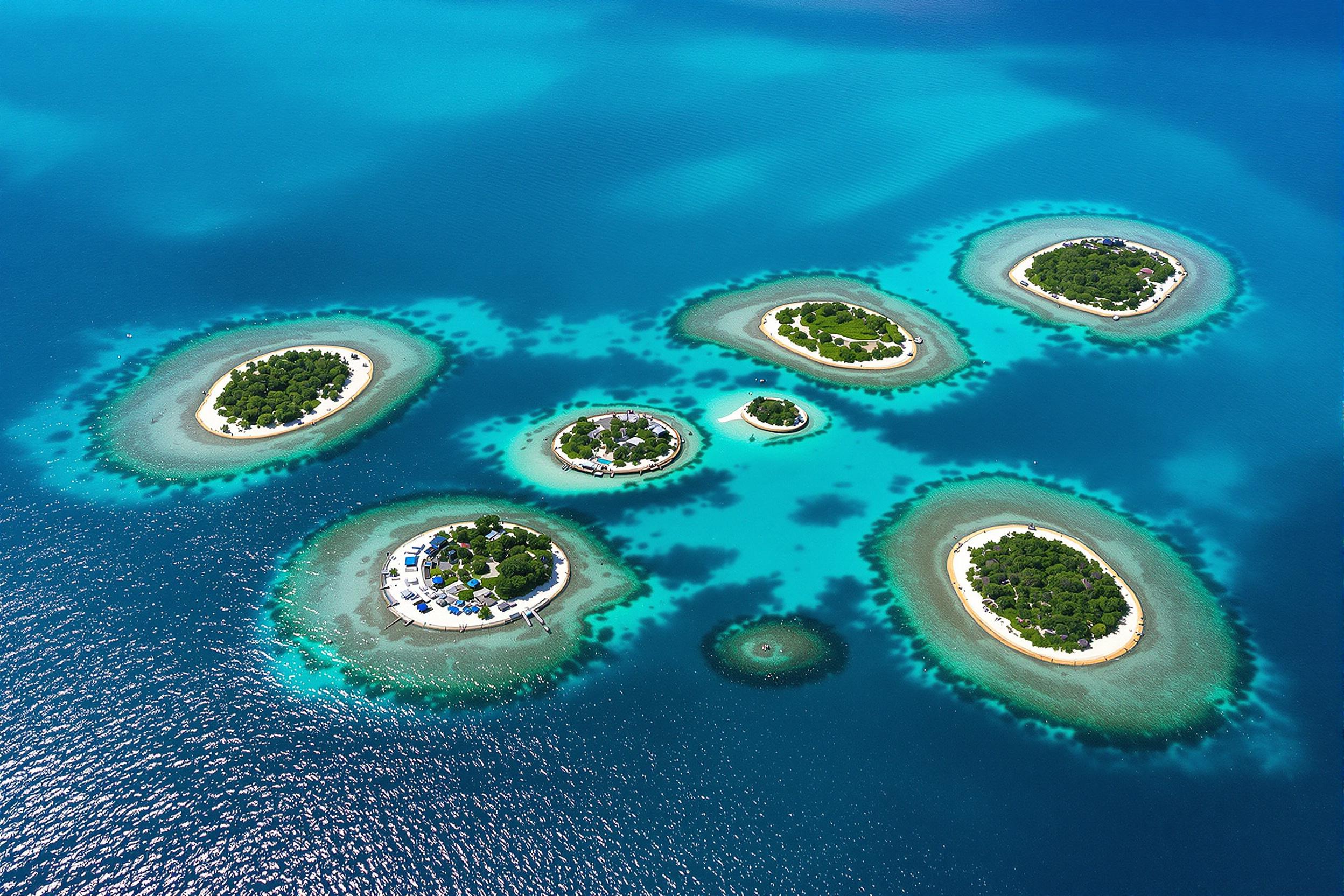 A radiant aerial view showcases a cluster of tiny islands scattered across a vivid turquoise lagoon. The islands feature sandy perimeters and lush green foliage. The glassy lagoon contrasts harmoniously with deeper cerulean hues from surrounding waters, while sunlit wavelets create sparkling reflections.