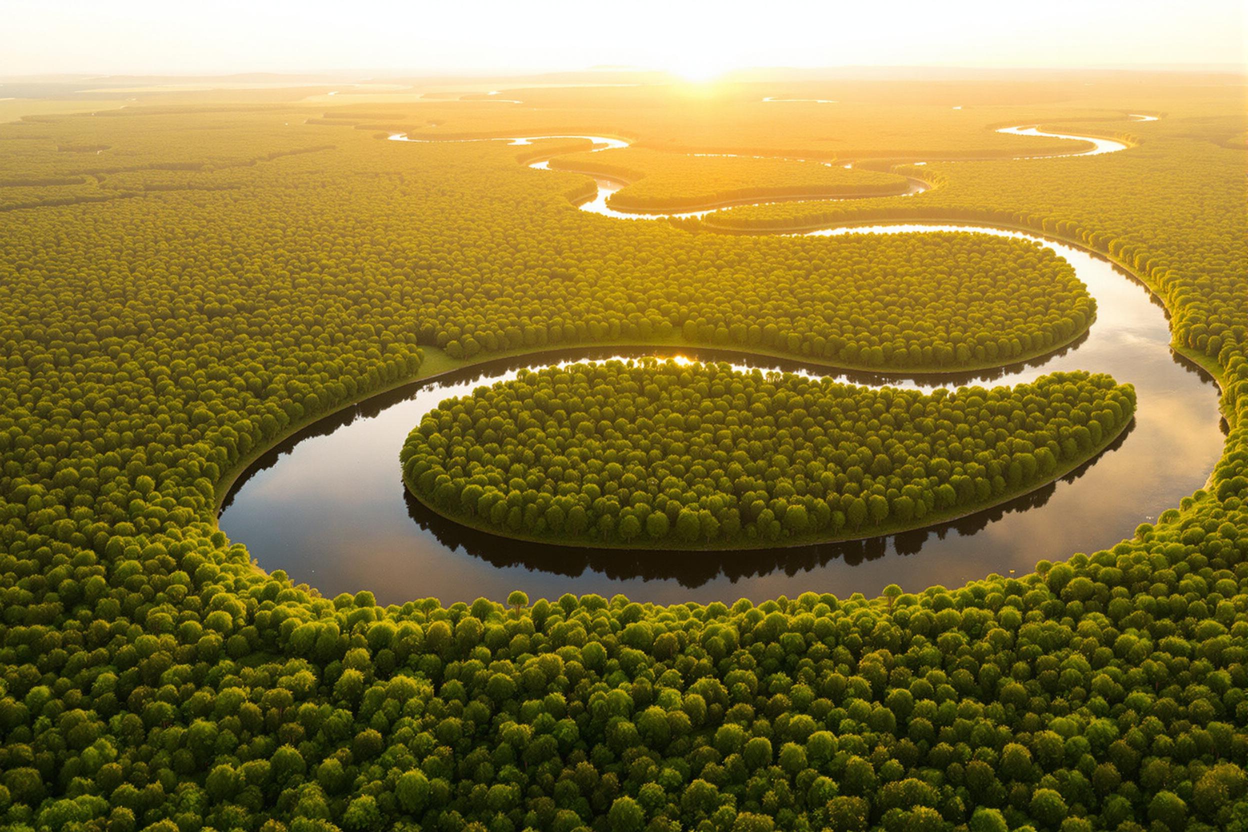 Breathtaking aerial shot of a serpentine river cutting through a dense, emerald-green forest. The meandering waterway reflects the golden light of sunset, creating a striking contrast with the verdant landscape. Perfect for environmental conservation or travel themes.