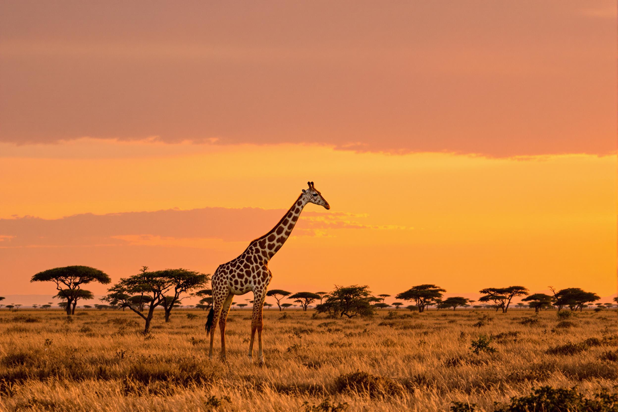 A lone giraffe stands elegantly under the warm hues of an African dusk, surrounded by sparse acacia trees dotting the open, golden-hued savannah. Its tall silhouette is sharply outlined against a soft sky blending orange and purple gradients. Long shadows stretch across the dry grass, capturing a peaceful yet majestic wilderness.