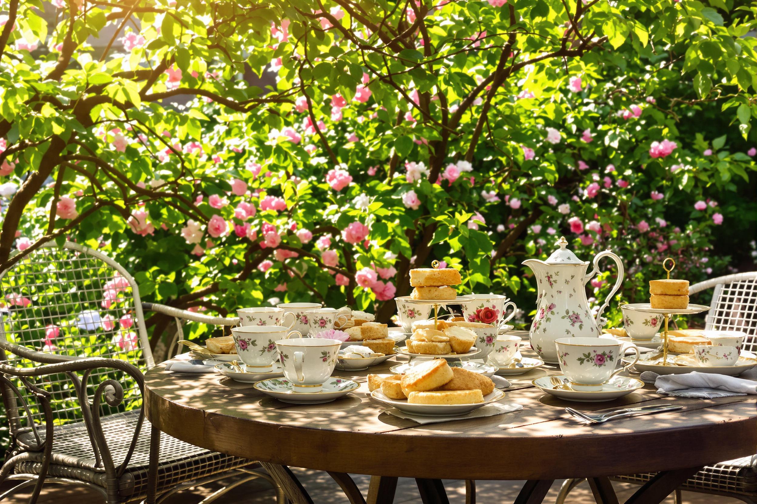 An elegant tea setup graces a cozy garden patio adorned with blooming flowers. A rustic wooden table is elegantly laid out with fine china teacups, matching saucers, and a selection of delectable pastries, including scones topped with clotted cream. Warm afternoon sunlight filters through leafy branches, highlighting the intricate patterns on the porcelain and casting gentle shadows across the table.