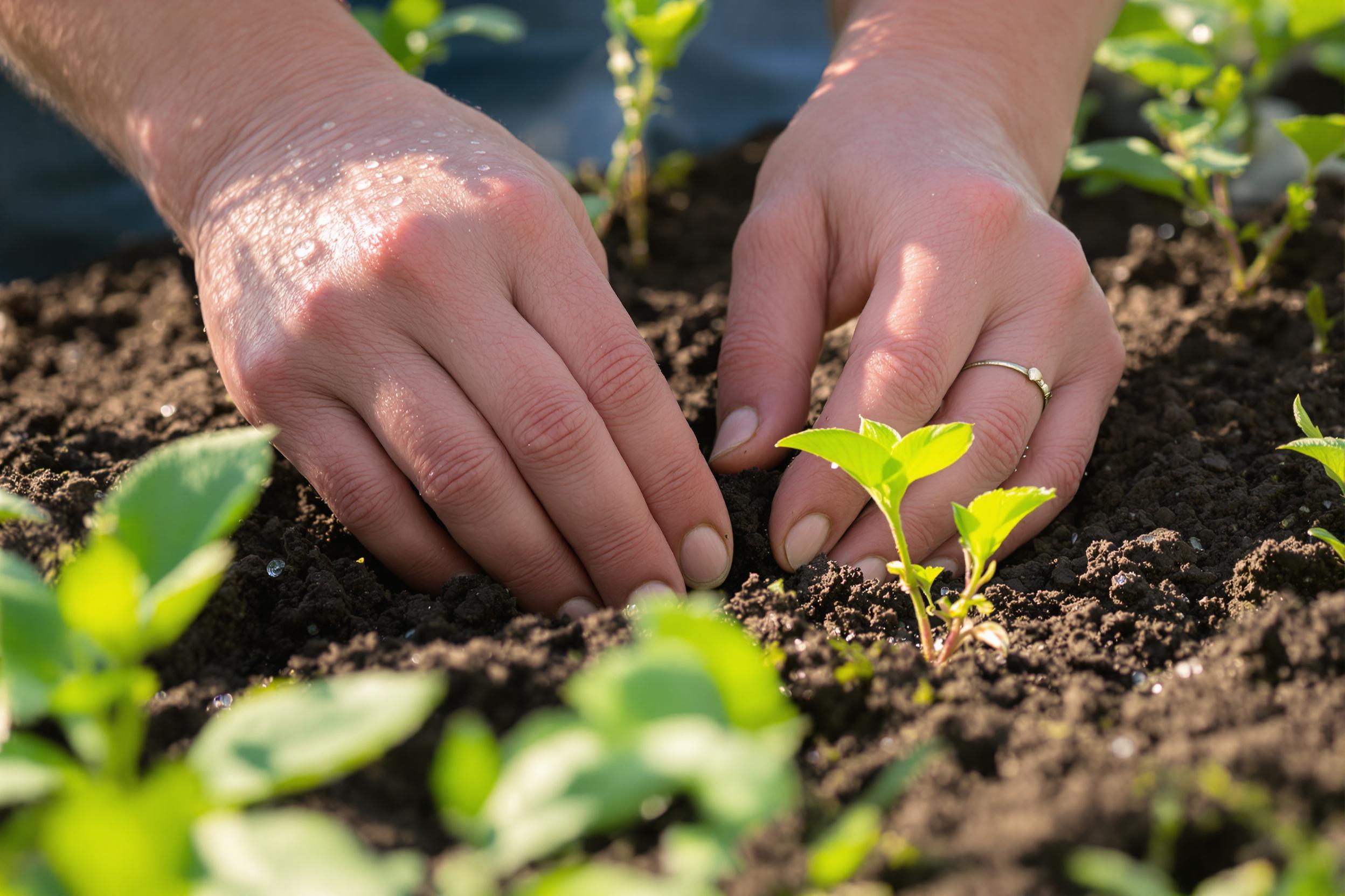 A close-up captures a farmer's hands gently planting seeds into dark, rich soil. The fingers delicately embed the small seeds while sunlit droplets of dew shimmer around them. Lush green leaves and budding plants frame the foreground, adding freshness to the scene as soft morning light bathes the landscape, creating a nurturing ambiance.