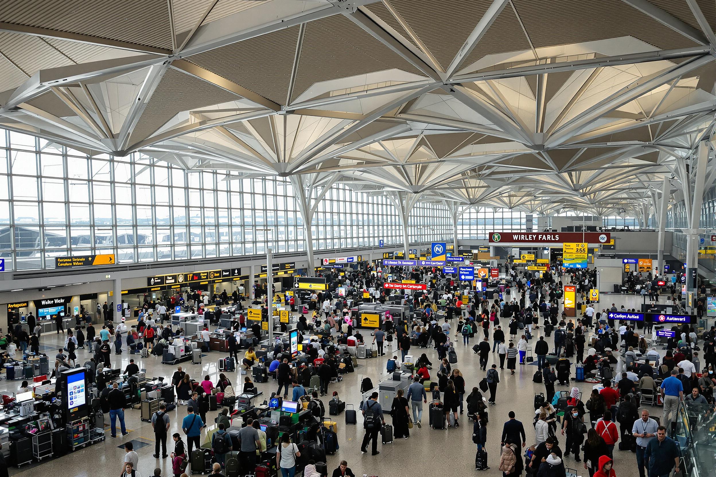 A bustling airport terminal comes alive during peak travel hours. Passengers, reflecting diverse ethnicities, maneuver through the spacious concourse filled with bright destination signs. Large windows flood the area with natural light, revealing the hustle of luggage carts and information desks. Overhead, airy geometric designs enhance the dynamic atmosphere as travelers engage eagerly.