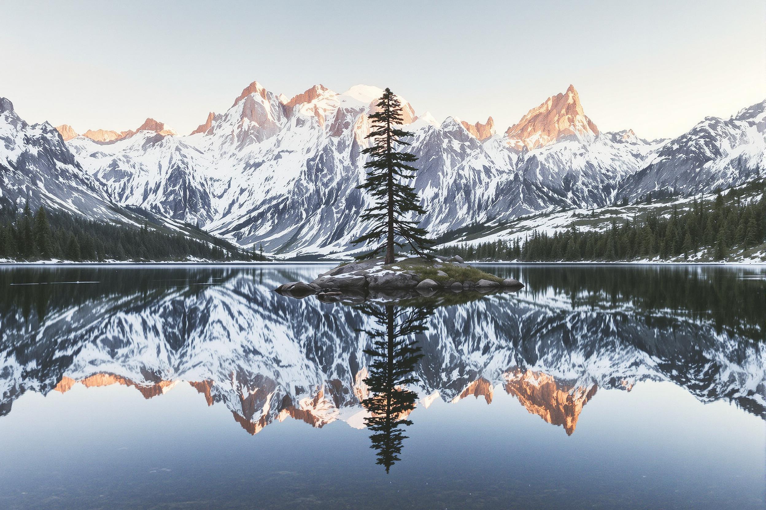 A serene alpine lake mirrors the silhouette of a solitary pine tree encircled by towering snow-specked mountains. Warm golden hour casts soft light across rugged terrain, enhancing the tranquil symmetry. The still water amplifies the scene's reflection, while subtle watercolor-like hues in the sky merge the landscape seamlessly with nature's palette.