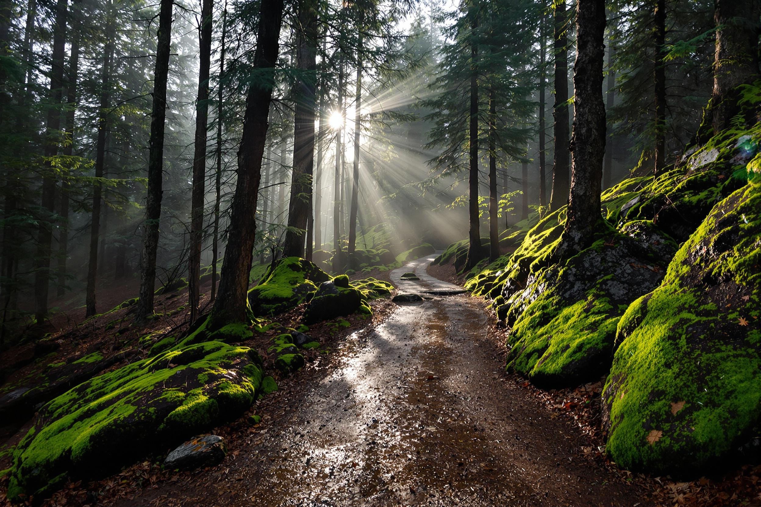 A serene alpine hiking trail winds through a dense forest blanketed in early morning mist. Soft diffused sunlight filters faintly through tall, shadowy trees, creating intricate patterns on the moist dirt path. Vibrant green moss carpets rocks by the edge of the trail, contrasting against cool gray shrouds of lingering fog.