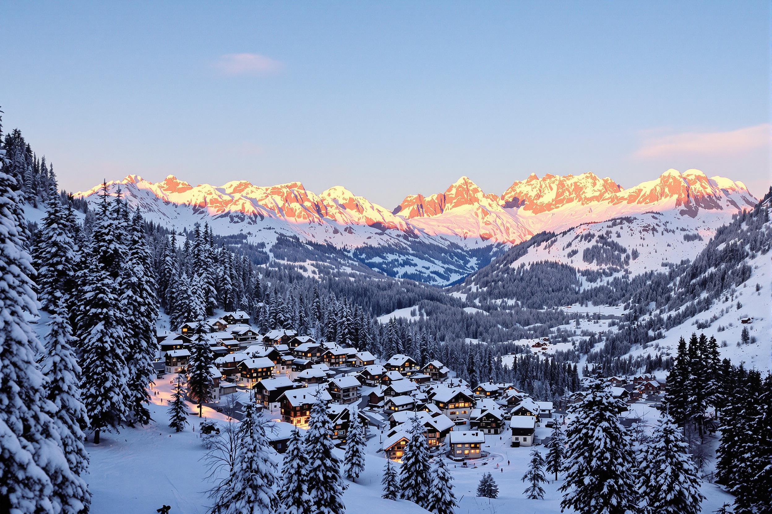 A snow-covered alpine village perched on a steep mountainside glows softly under twilight. Warm yellow lights illuminate rustic chalet windows, contrasting against the pale blue snow shadows. Towering pine forests surrounding the scene are dusted with white powder while distant mountain peaks painted in warm alpenglow tower above.