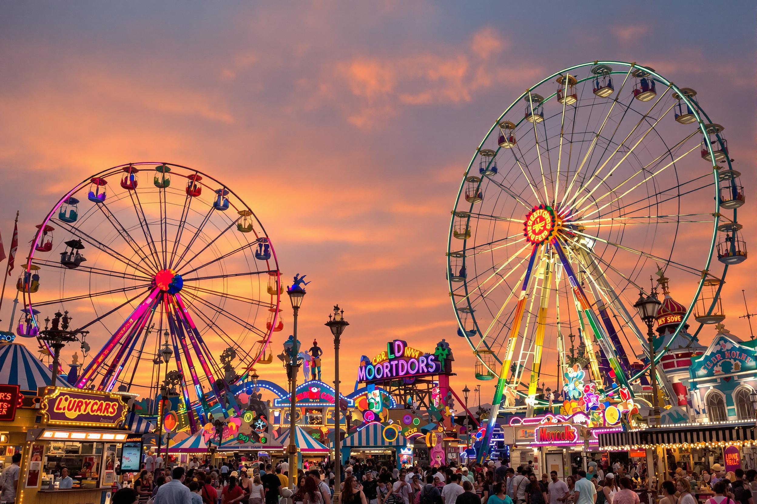 A lively amusement park offers a festive atmosphere as the sun sets on the horizon. Colorful rides twirl against a backdrop of warm orange and pink skies, while joyful visitors enjoy treats from nearby food stalls. The scene captures the thrill of laughter and excitement among families and friends, showcasing illuminated attractions that come to life in the evening glow.