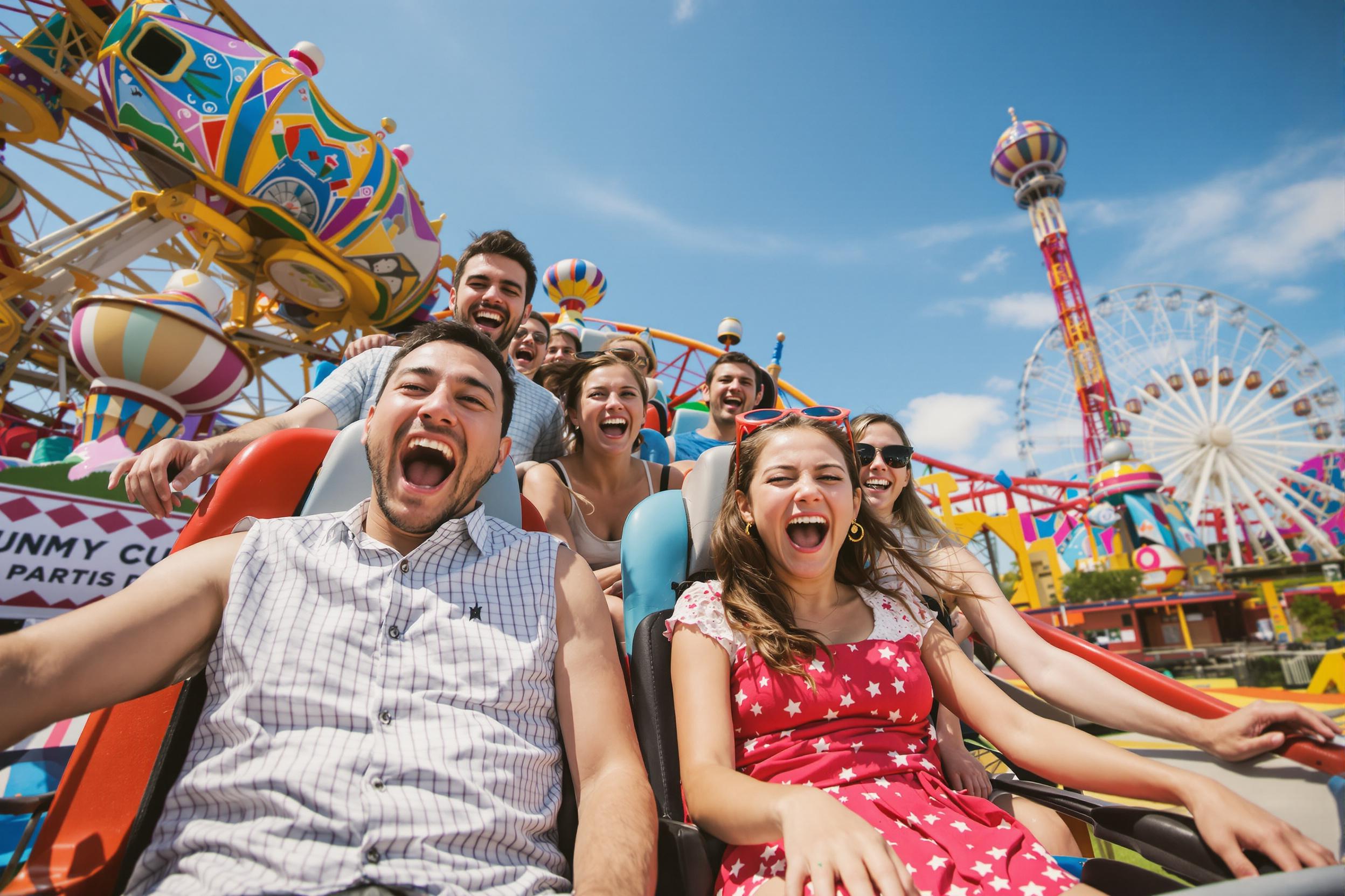 A joyful family experiences thrill at an amusement park, riding a colorful roller coaster. Bright sunlight illuminates their ecstatic expressions as they scream with delight. The background showcases vibrant attractions, including spinning teacups and a towering ferris wheel, amplifying the lively atmosphere.