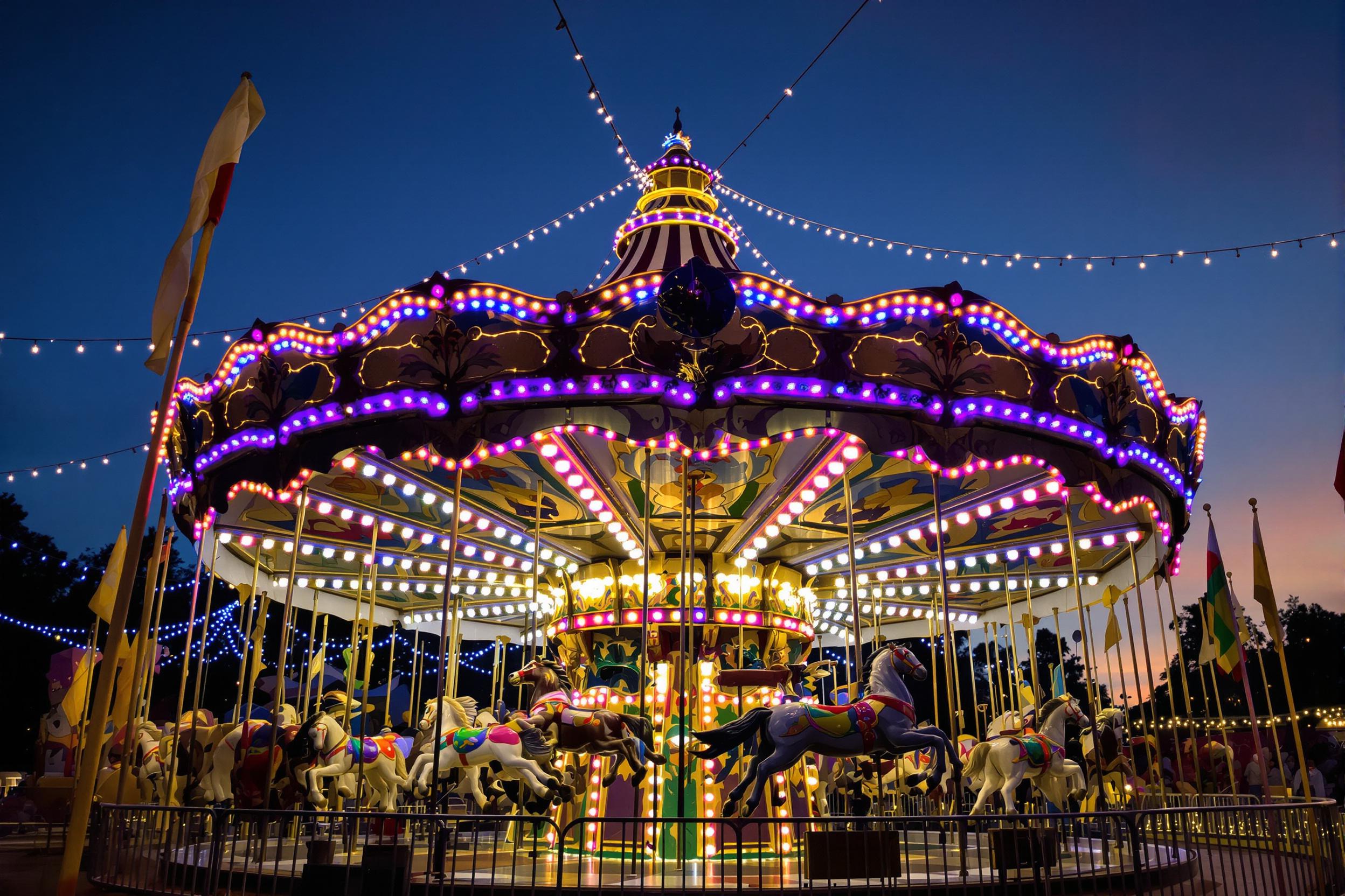 A whimsical carousel spins joyfully in the twilight, adorned with vividly painted horses. Strings of vibrant lights twinkle overhead, casting a cheerful glow across the scene. Laughter and music mingle in the air, inviting guests to enjoy a nostalgic ride. Surrounding the carousel are gently waving flags that add to the festive ambiance.