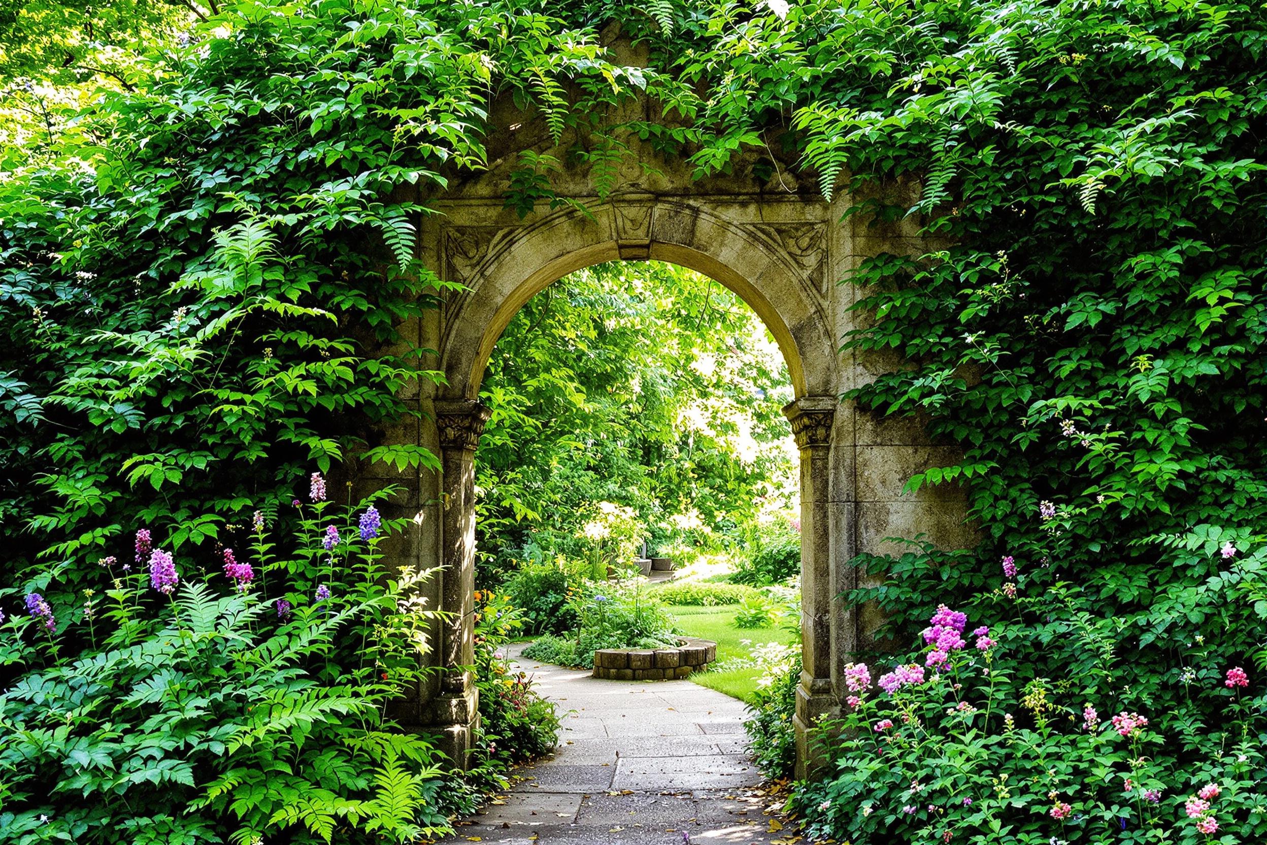 An ancient stone archway stands majestically in an overgrown garden. Lush wildflowers and ferns cascade around its weathered surface, while soft beams of golden afternoon light filter through the leaves. The intricately carved stones tell tales of history, surrounded by vibrant greenery that adds life and color to this serene setting.