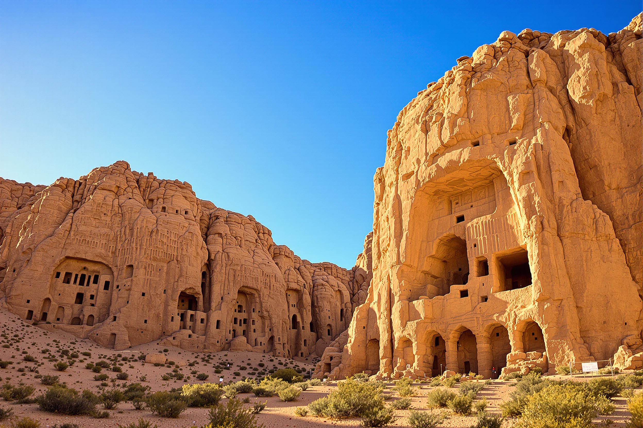 Ancient sandstone cliffs rise dramatically under late afternoon sun, showcasing intricate, hand-carved caves and facades from a bygone civilization. Sparse desert shrubs dot the foreground, while the warm light accentuates the textured surfaces. Shadows create depth across the monumental formations, set against a pristine blue sky.