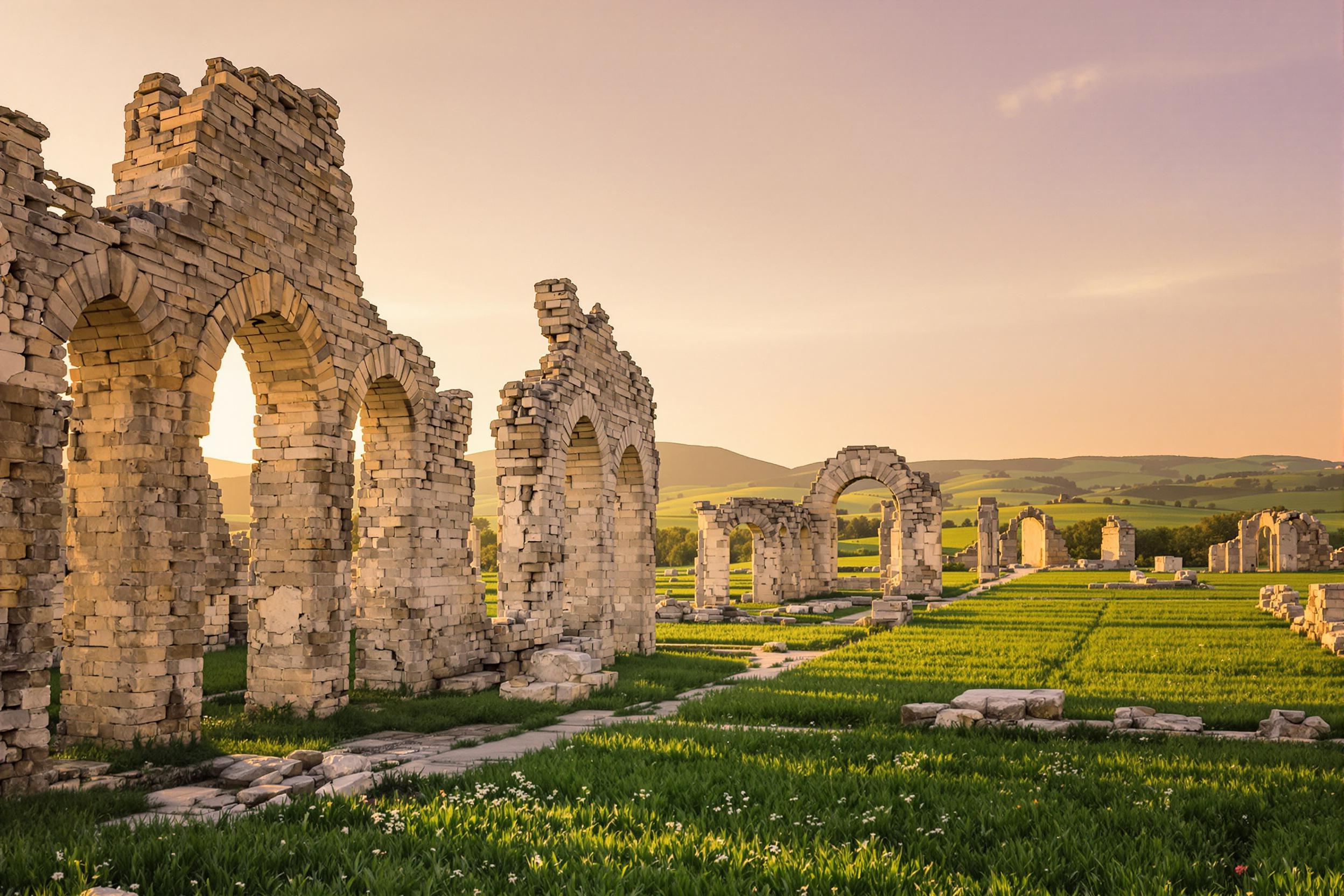 Sprawling ancient ruins rest gently amid vibrant green fields, where time has softened their mighty stone architecture. Across the frame, golden-hour sunlight dances along weathered arches, leaving elongated shadows over pathways between fractured walls. Beyond the ruins, rolling hills bask beneath a soft gradient amber-pink heavens.