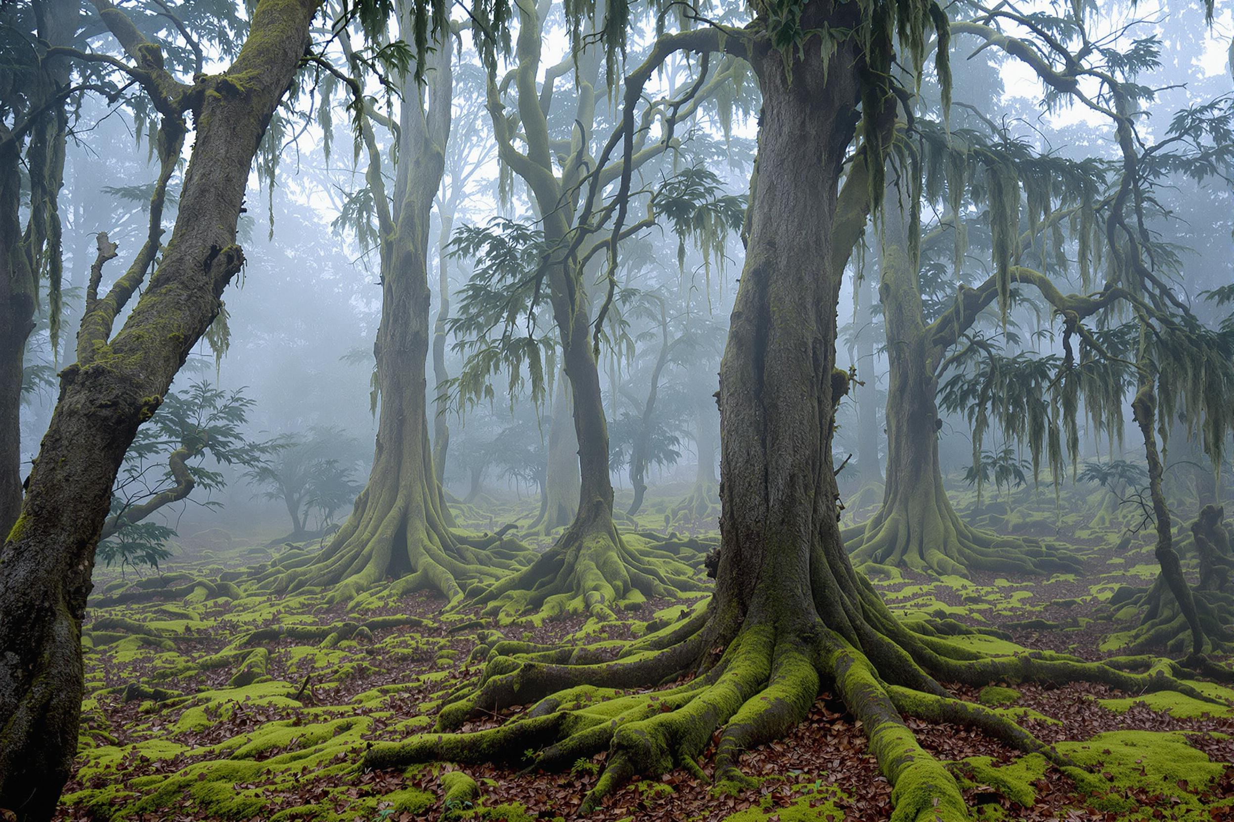 A mystical morning unveils an ancient forest shrouded in thick fog. Towering gnarled trees stand like sentinels, their roots tangling through moss-carpeted ground. Ghostly silhouettes fade into the background as diffused dawn light casts gentle bluish hues. Damp air enhances the textures of slick bark and hanging lichen, completing the ethereal composition.