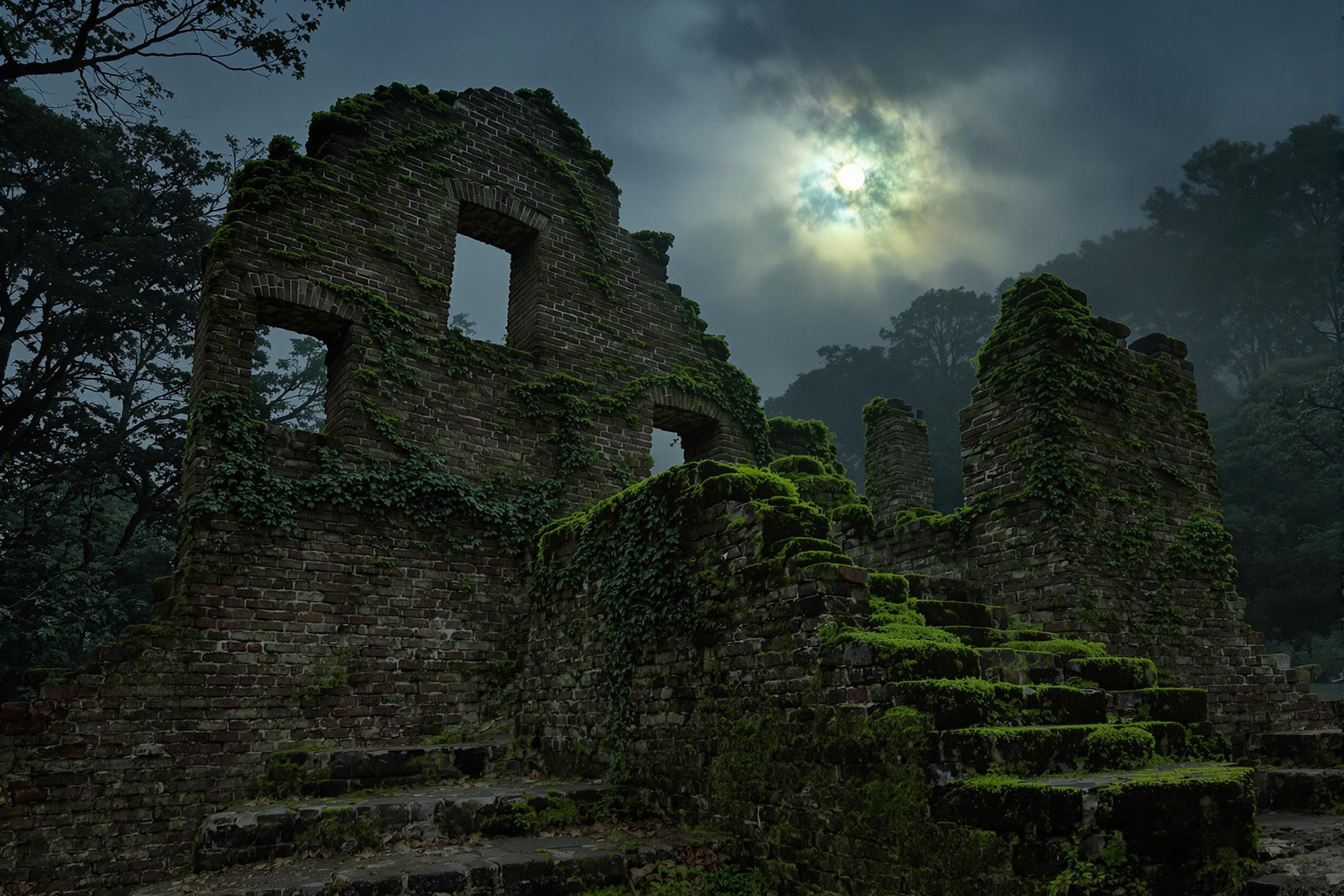 Ancient ruins rise majestically under the soft glow of moonlight, revealing weathered stones entwined with creeping ivy. The cool light casts elongated shadows across the terrain, accentuating the textures of moss-covered bricks. Surrounding trees loom quietly, enhanced by layers of mist that envelop the scene, adding an air of mystique to this timeless landscape.