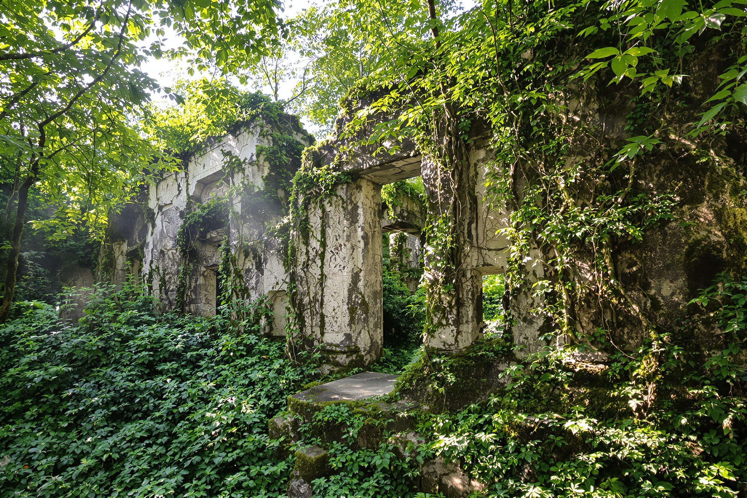 Crumbling stone ruins enveloped by dense jungle vegetation capture the remnants of an ancient civilization. Intricate carvings are worn onto weathered gray stones, wrapped in vines and moss. Rays of warm sunlight filter generously through thick green foliage, softly highlighting the aged architecture. The scene balances mystery with natural rejuvenation.